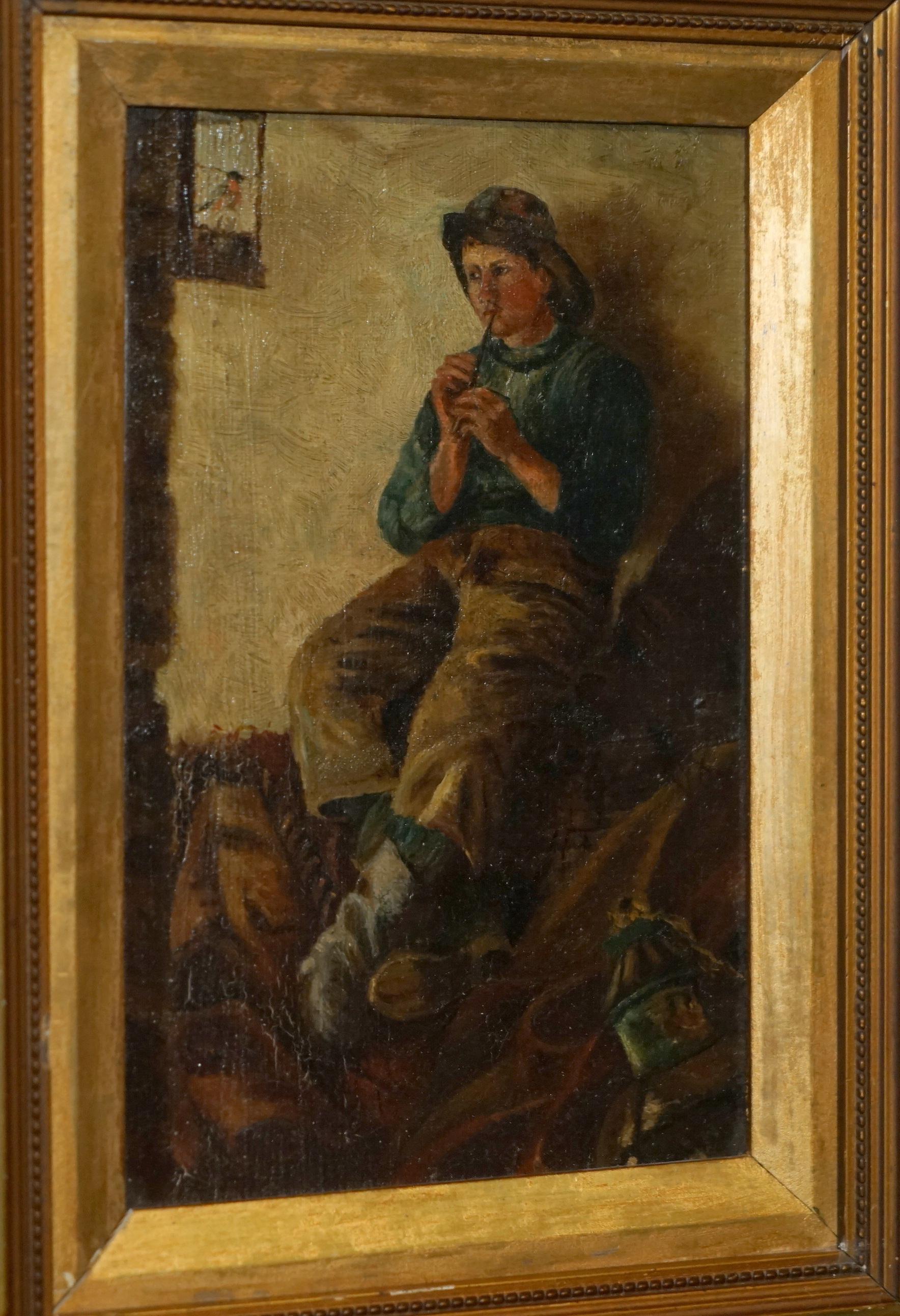 High Victorian SUBLIME ANTIQUE ViCTORIAN OIL PAINTING OF A YOUNG BOY (FISHERMAN) PLAYING A PIPE