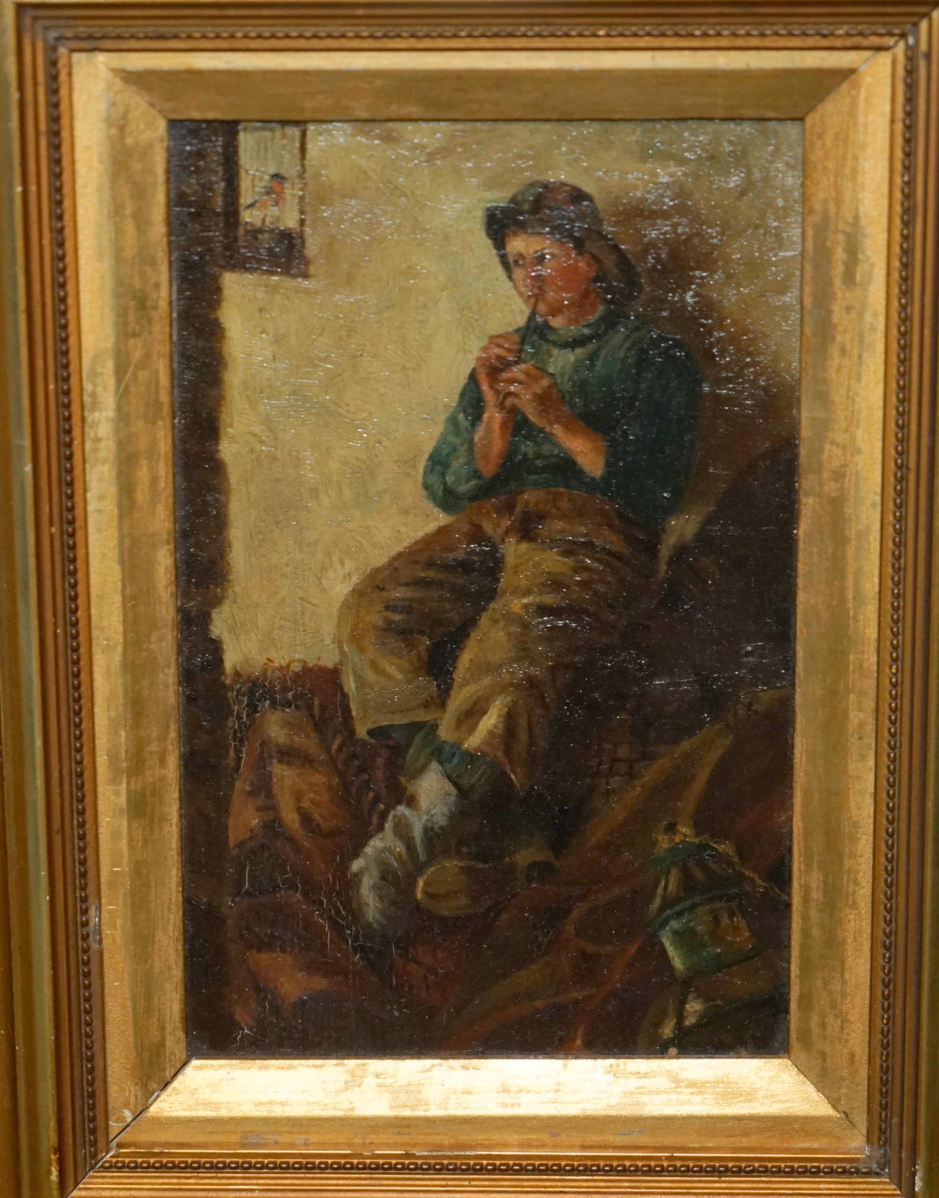English SUBLIME ANTIQUE ViCTORIAN OIL PAINTING OF A YOUNG BOY (FISHERMAN) PLAYING A PIPE