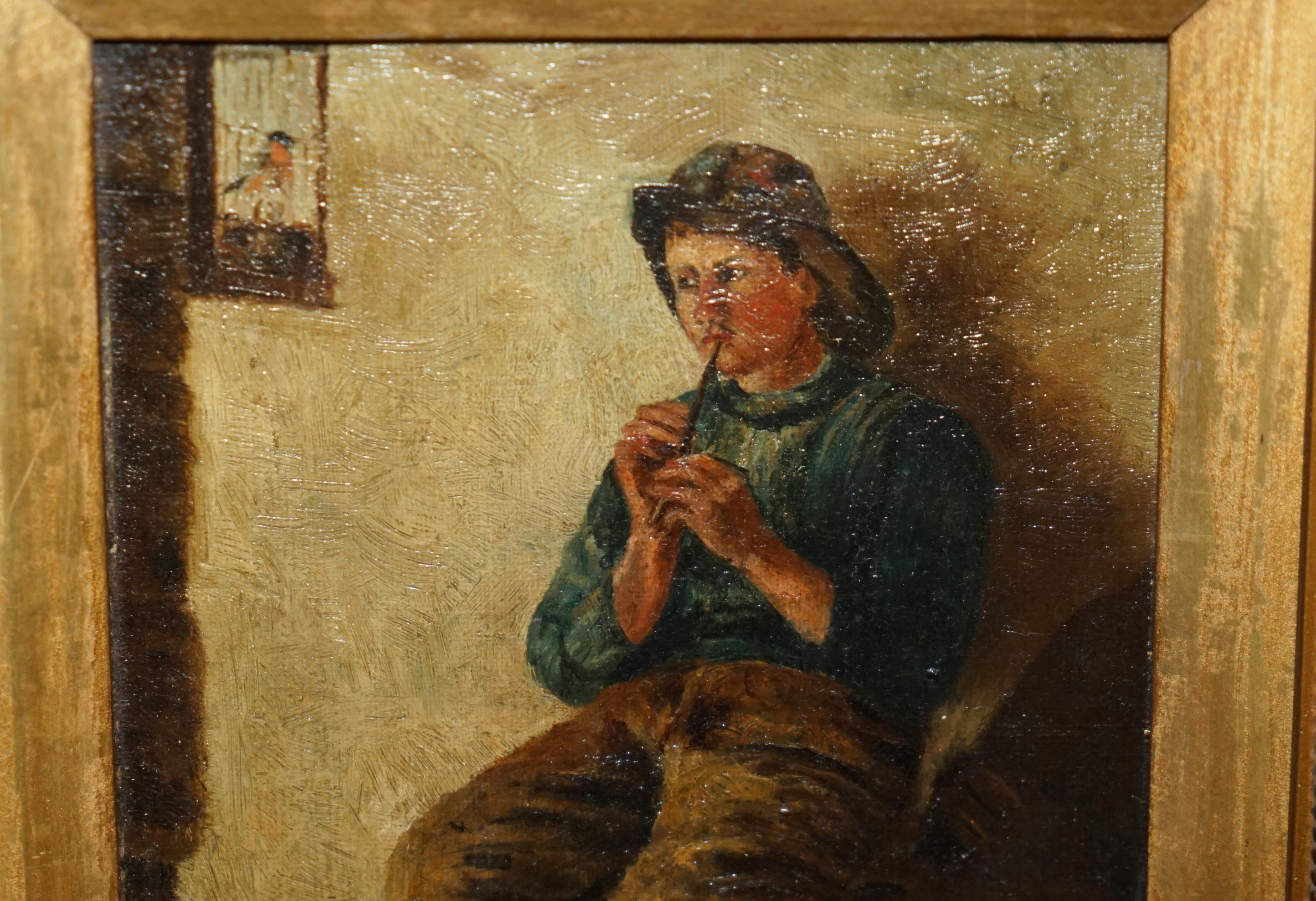 Hand-Painted SUBLIME ANTIQUE ViCTORIAN OIL PAINTING OF A YOUNG BOY (FISHERMAN) PLAYING A PIPE For Sale