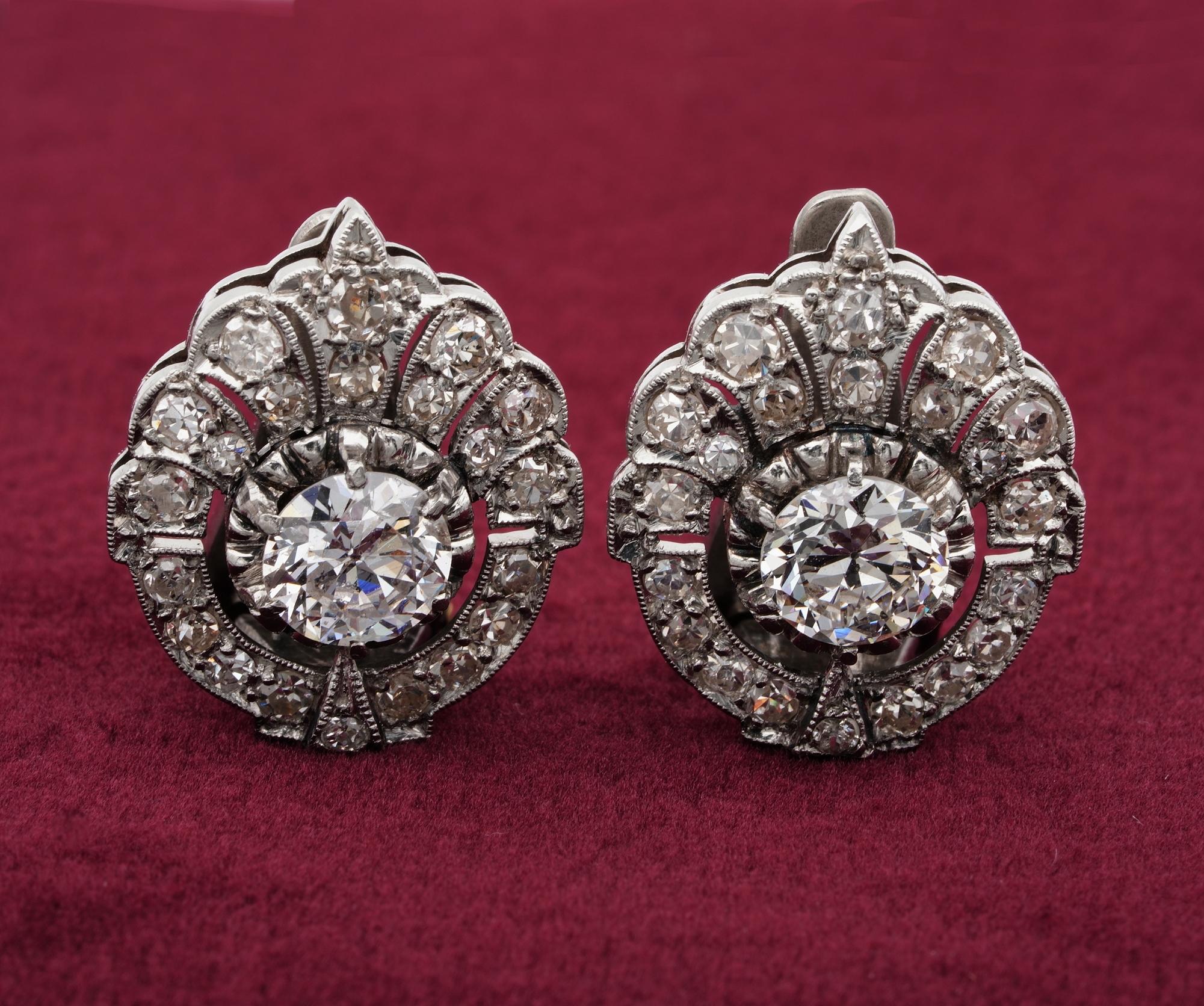 Epitome of Elegance

Art Deco Diamond Platinum earrings with a pin for pierced ears and clip on to stand perfectly on ears
Hand crafted of solid Platinum – tested – during 1930 ca
Marvellous in design, finely hand crafted, genuine antique
They