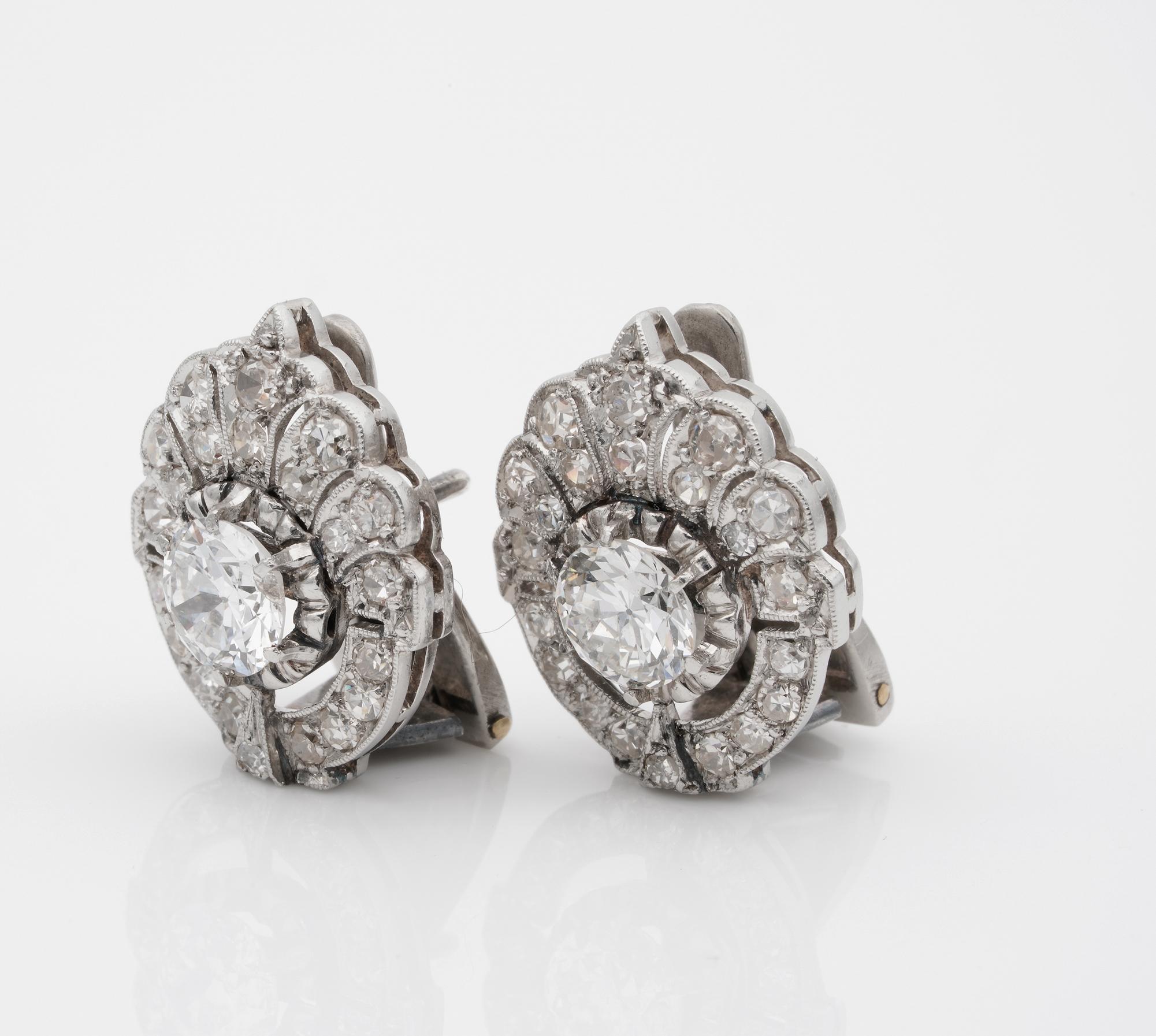 Women's Sublime Art Deco 1.70 Carat Diamond TCW Clip-On Platinum Earrings