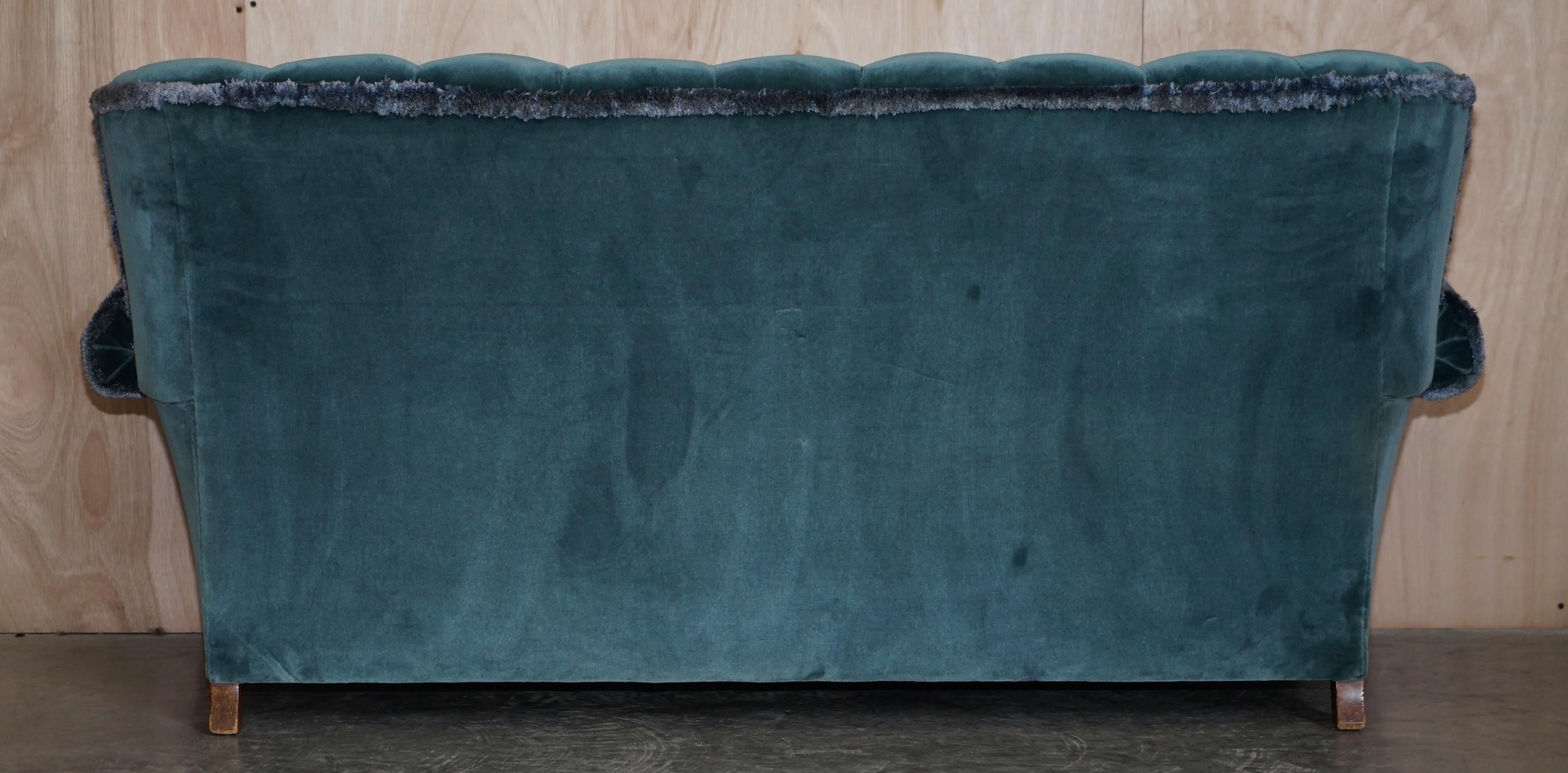 Sublime Art Deco Burr Walnut Sofa & Pair of Armchairs Suite Blue Velour Fabric For Sale 2