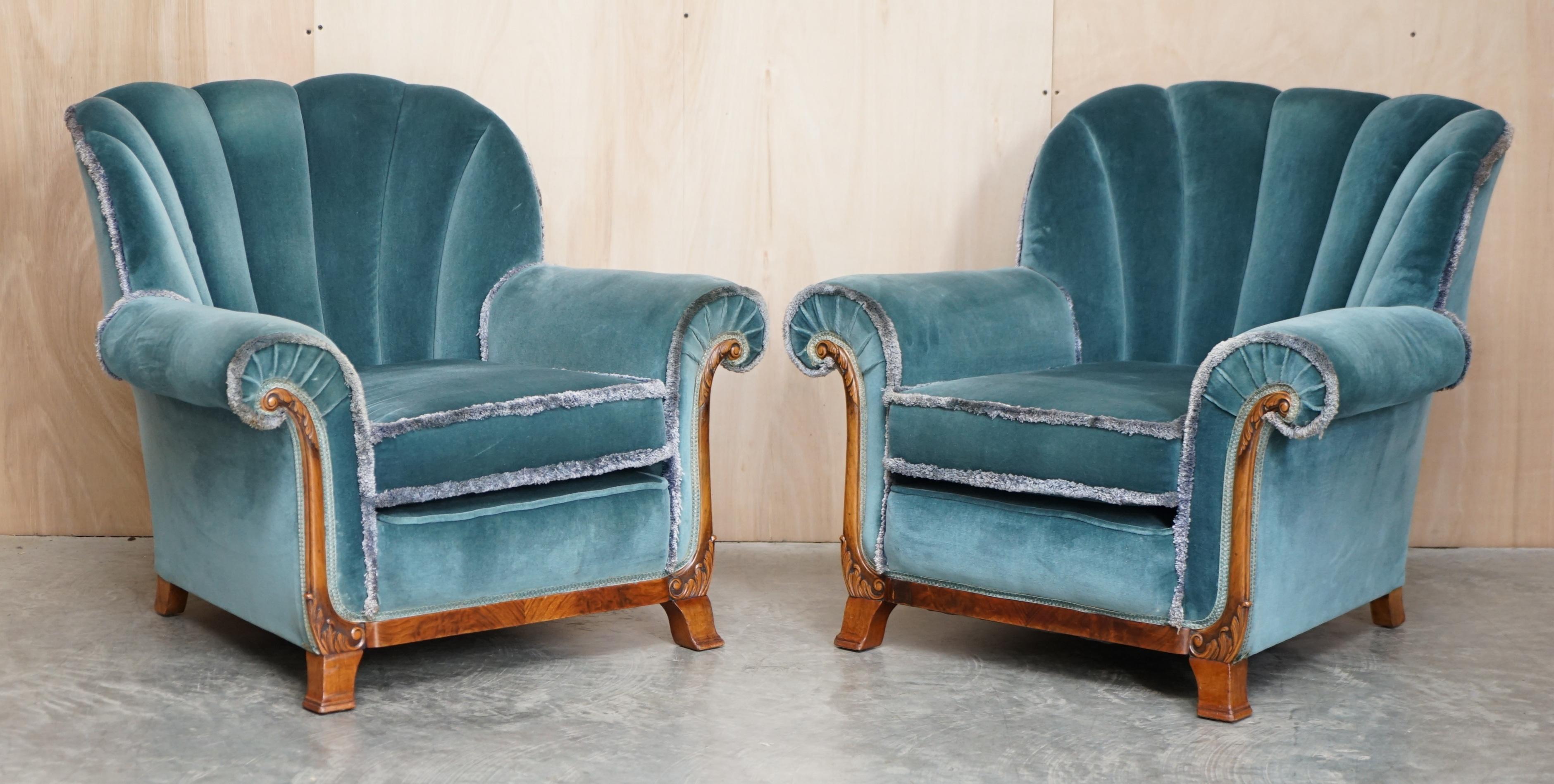 Sublime Art Deco Burr Walnut Sofa & Pair of Armchairs Suite Blue Velour Fabric For Sale 3