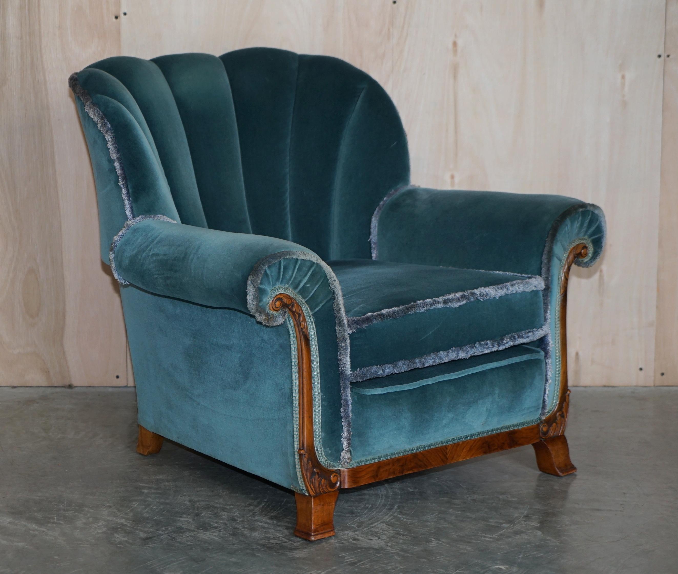 Sublime Art Deco Burr Walnut Sofa & Pair of Armchairs Suite Blue Velour Fabric For Sale 4