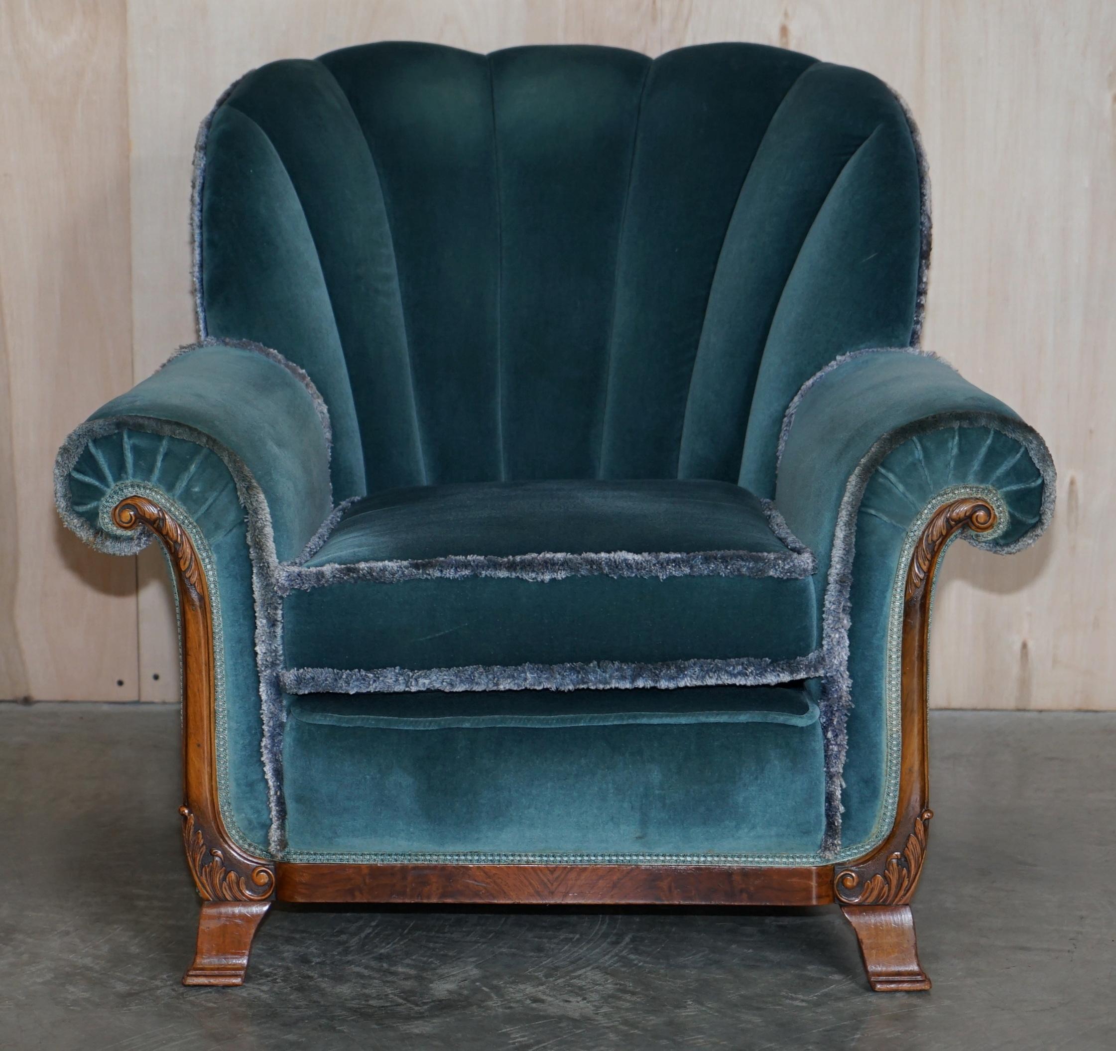 Sublime Art Deco Burr Walnut Sofa & Pair of Armchairs Suite Blue Velour Fabric For Sale 5