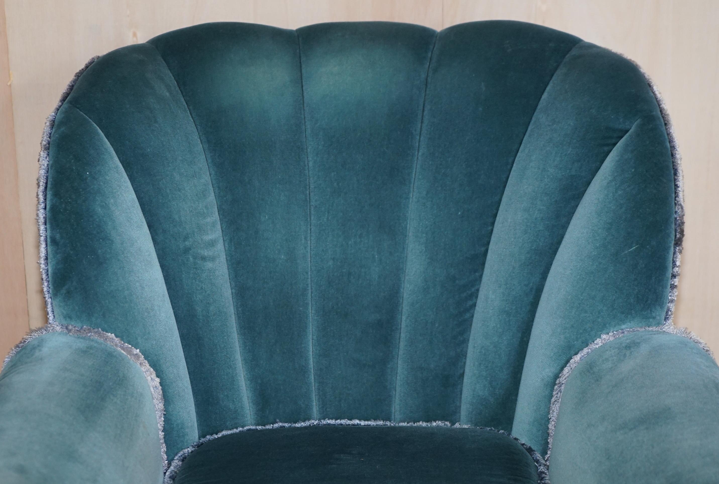 Sublime Art Deco Burr Walnut Sofa & Pair of Armchairs Suite Blue Velour Fabric For Sale 6