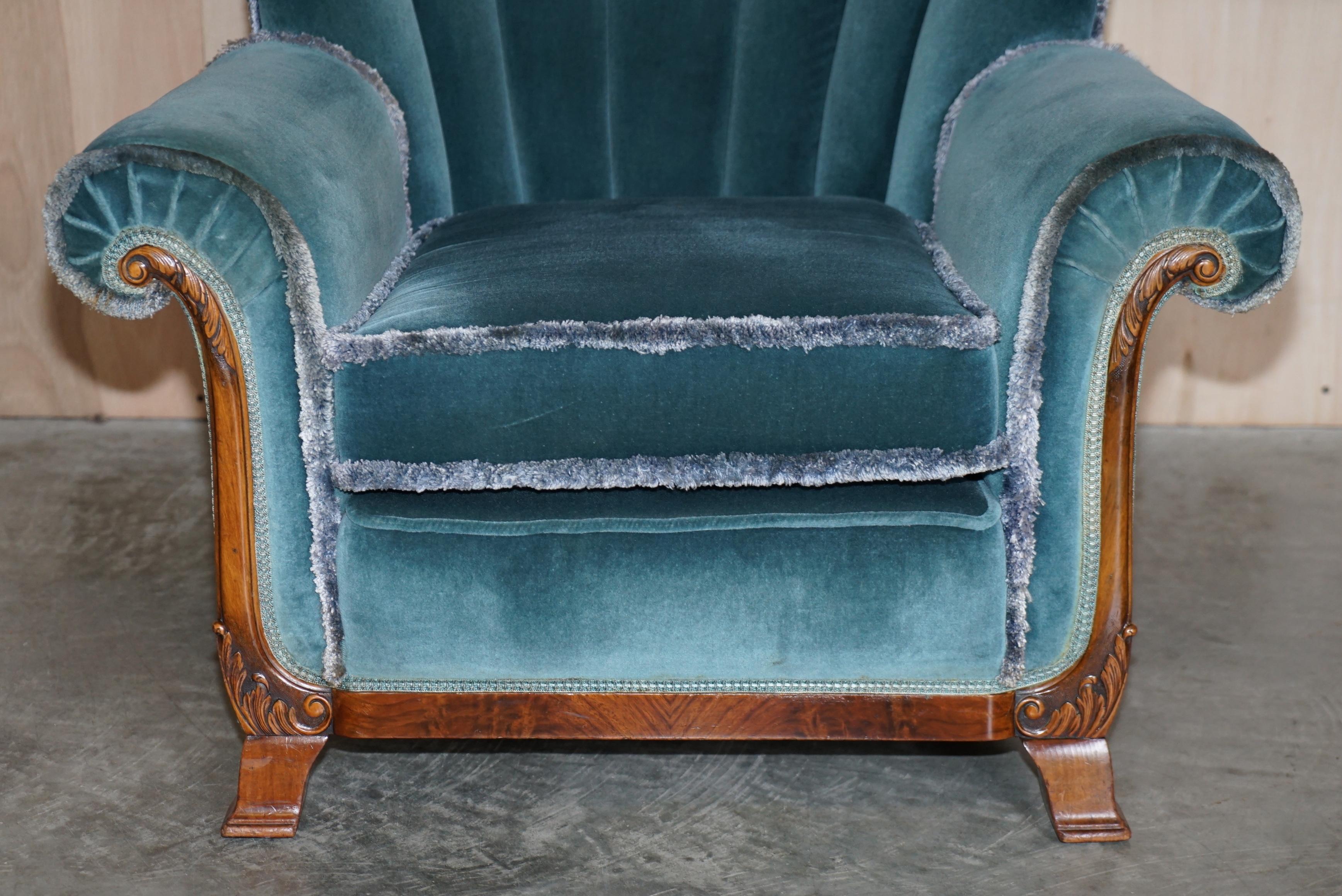 Sublime Art Deco Burr Walnut Sofa & Pair of Armchairs Suite Blue Velour Fabric For Sale 7