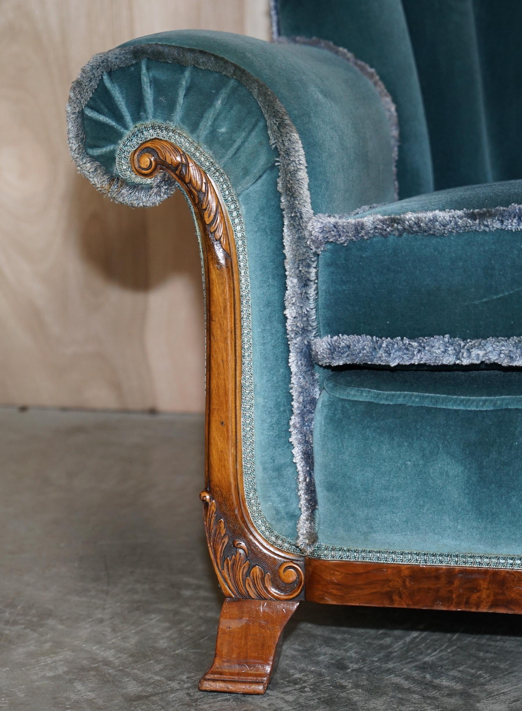 Sublime Art Deco Burr Walnut Sofa & Pair of Armchairs Suite Blue Velour Fabric For Sale 8