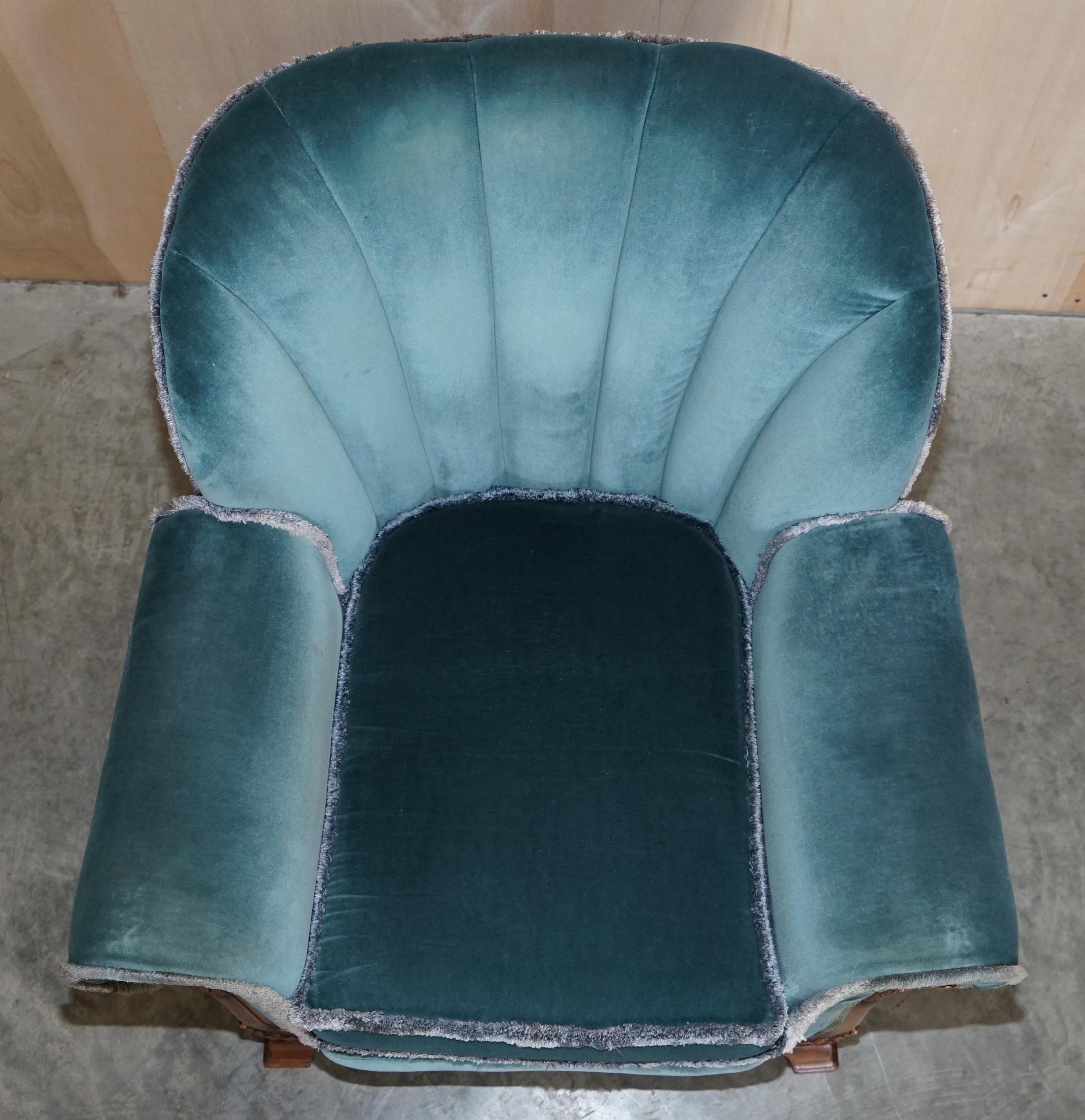 Sublime Art Deco Burr Walnut Sofa & Pair of Armchairs Suite Blue Velour Fabric For Sale 11