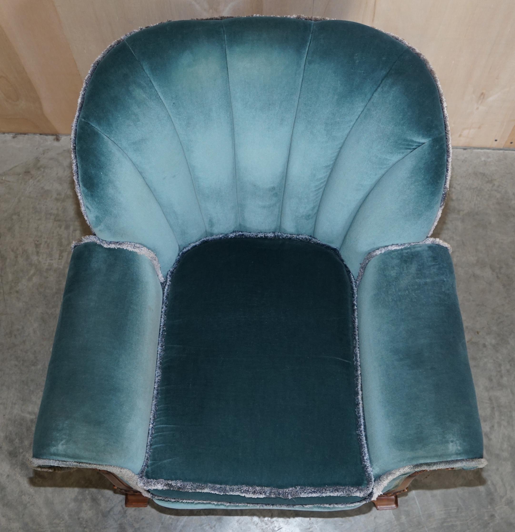 Sublime Art Deco Burr Walnut Sofa & Pair of Armchairs Suite Blue Velour Fabric 10