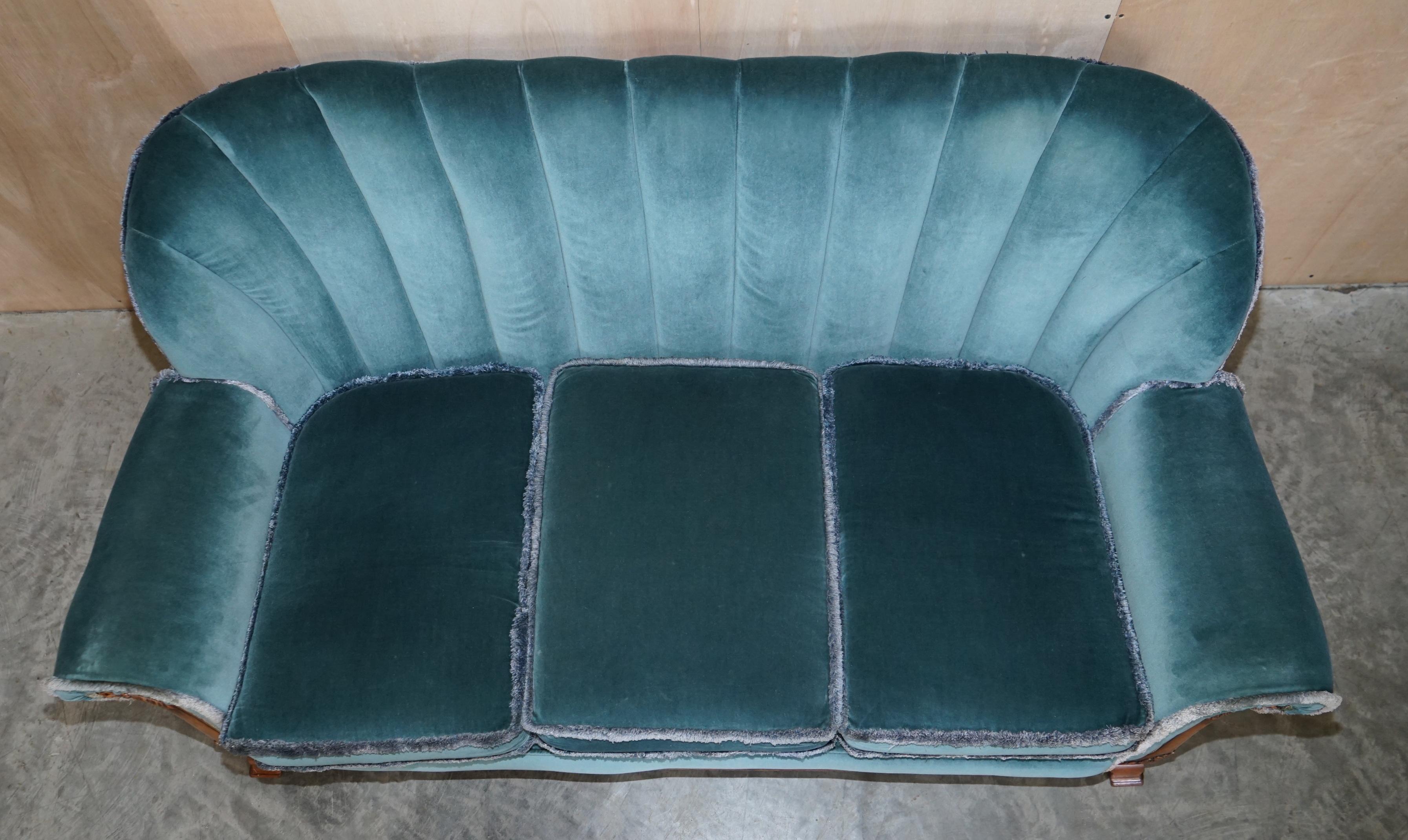 Sublime Art Deco Burr Walnut Sofa & Pair of Armchairs Suite Blue Velour Fabric In Good Condition In West Sussex, Pulborough