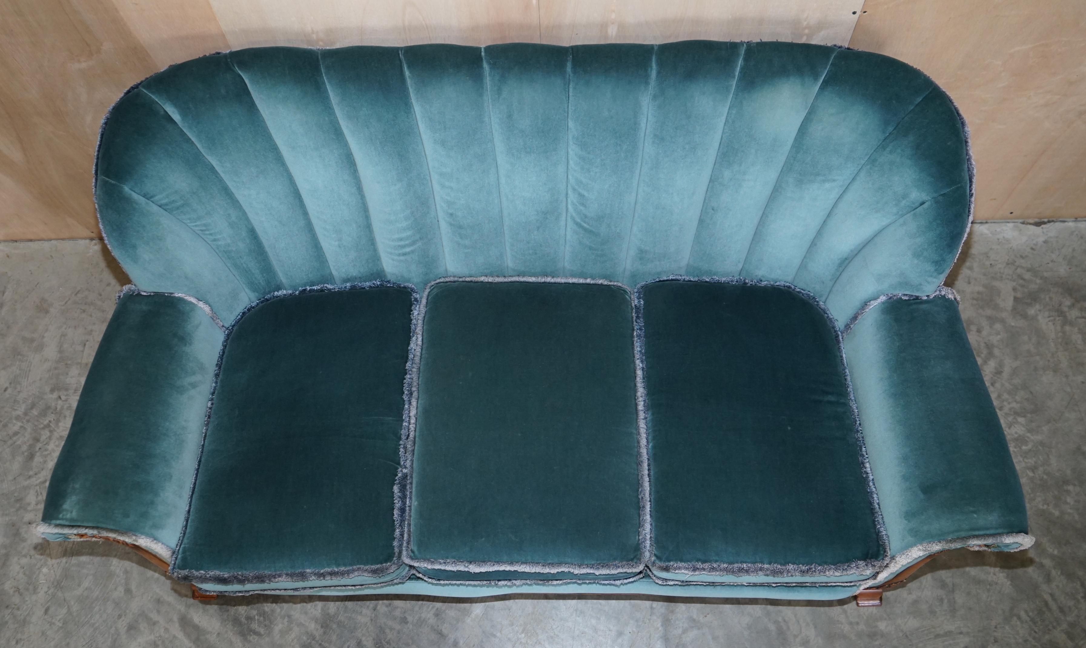 Early 20th Century Sublime Art Deco Burr Walnut Sofa & Pair of Armchairs Suite Blue Velour Fabric For Sale