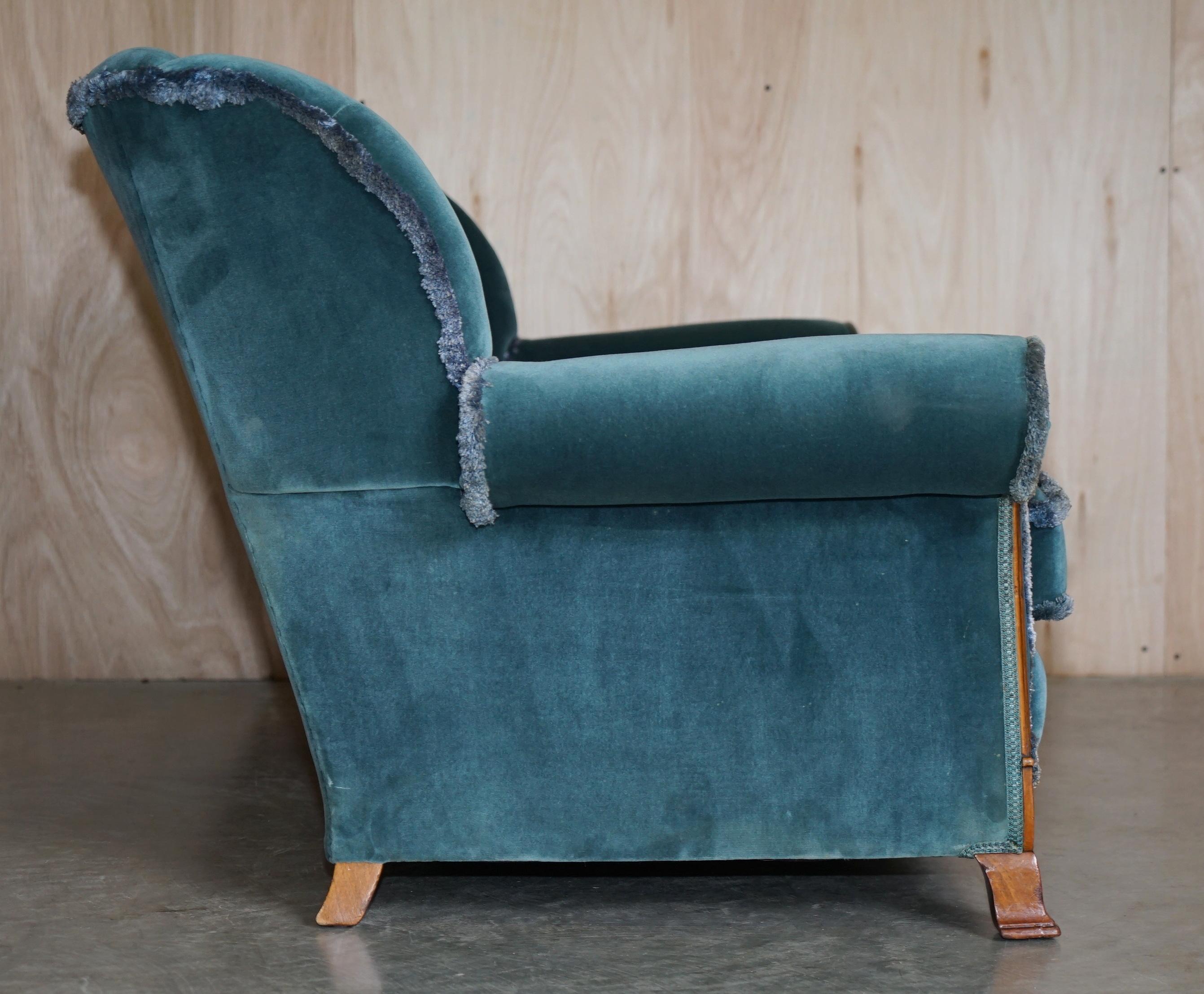 Sublime Art Deco Burr Walnut Sofa & Pair of Armchairs Suite Blue Velour Fabric For Sale 1