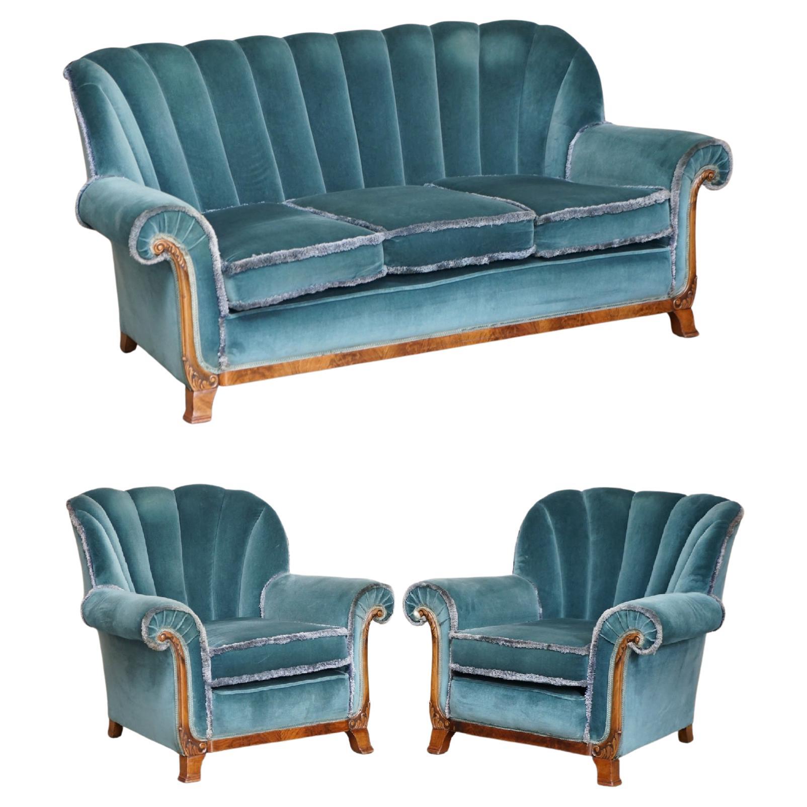 Sublime Art Deco Burr Walnut Sofa & Pair of Armchairs Suite Blue Velour Fabric For Sale