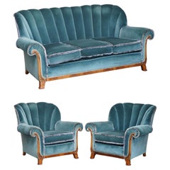 Sublime Art Deco Burr Walnut Sofa & Pair of Armchairs Suite Blue Velour Fabric