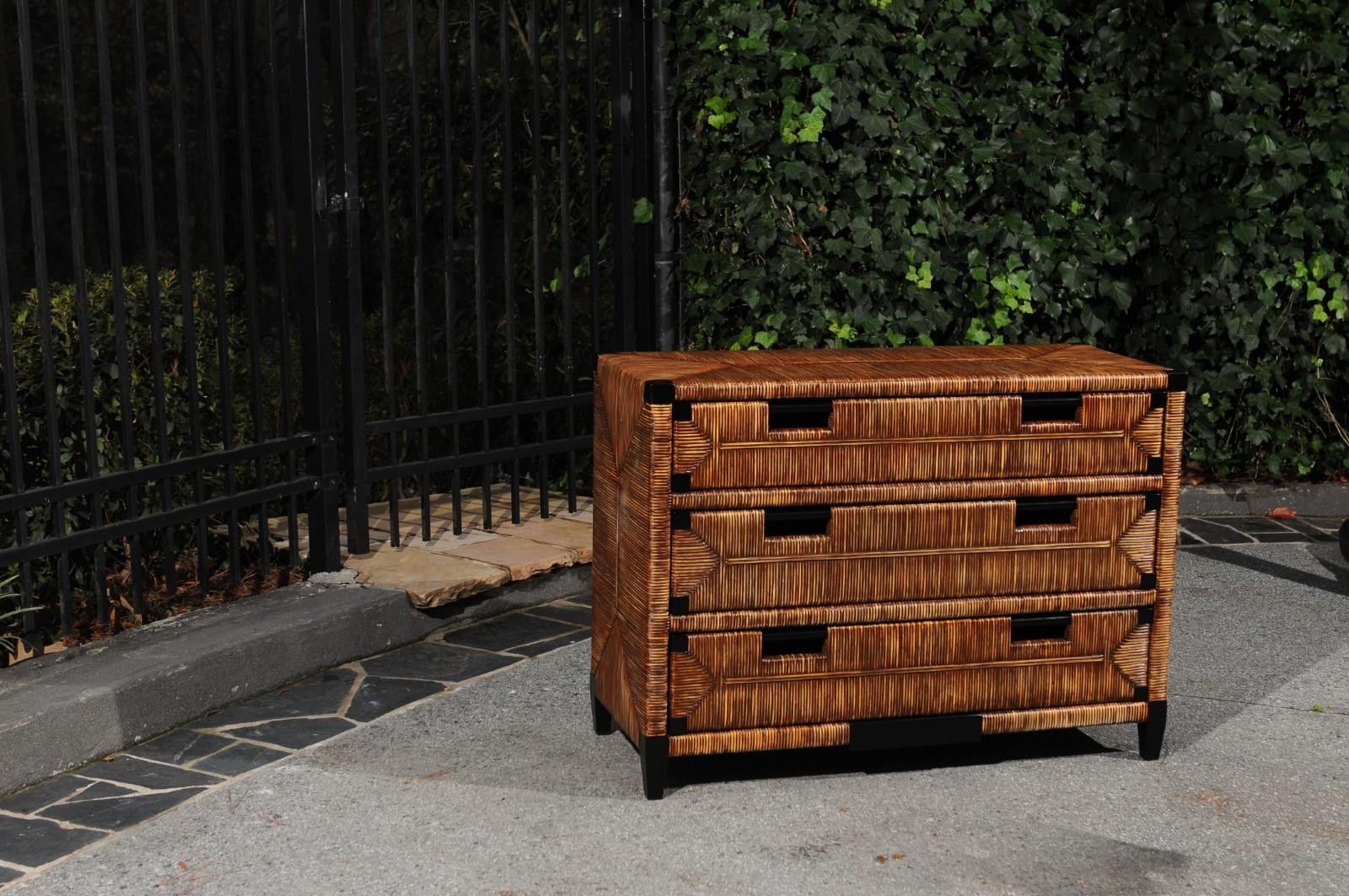 Late 20th Century Sublime Black Lacquer Wicker Commode by John Hutton for Donghia- Pair Available