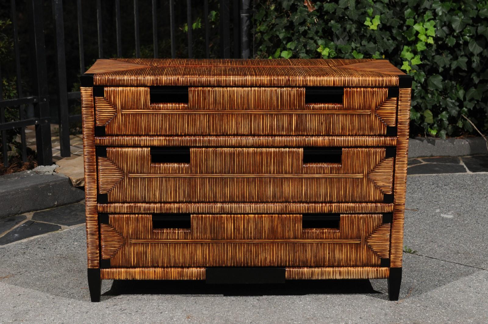 Rattan Sublime Black Lacquer Wicker Commode by John Hutton for Donghia- Pair Available