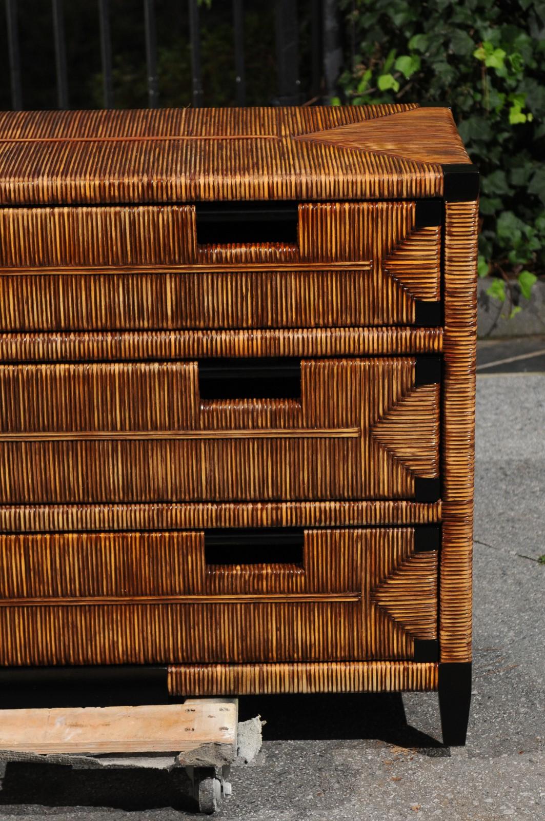 Sublime Black Lacquer Wicker Commode by John Hutton for Donghia- Pair Available 2