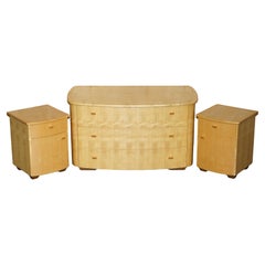 SUBLIME BOW FRONTED BAXTER & LEE SATIN BIRCH CHEST OF DRAWERS & SiDE TABLES SET