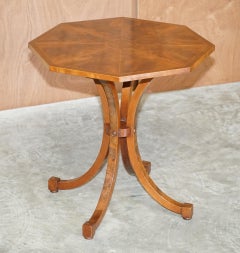 Sublime Burr Walnut & Flamed Hardwood Hexagon Side Table with Curved Spade Feet