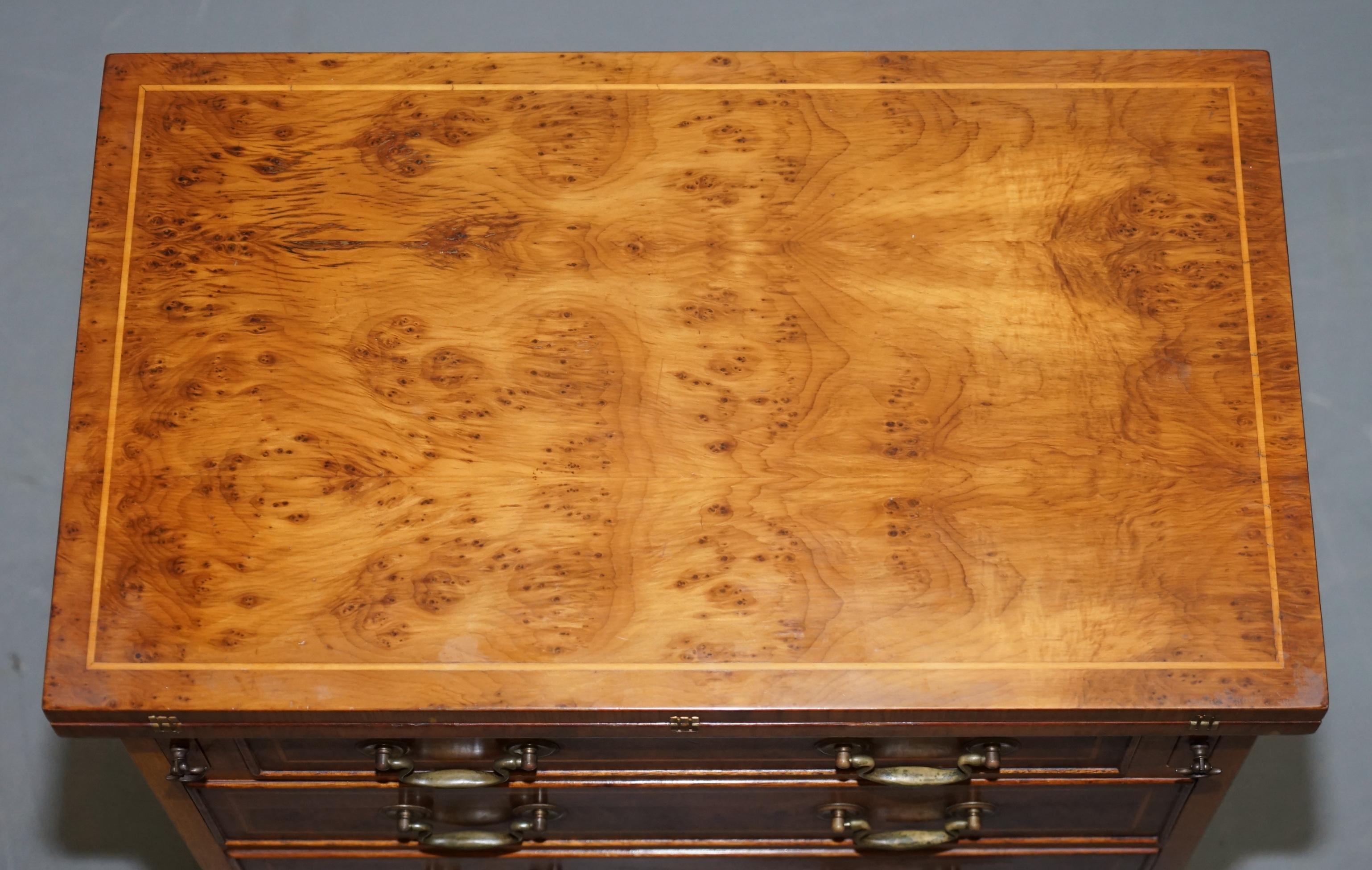 English Sublime Burr Walnut Side Table Sized Chest of Drawers with Butlers Serving Tray
