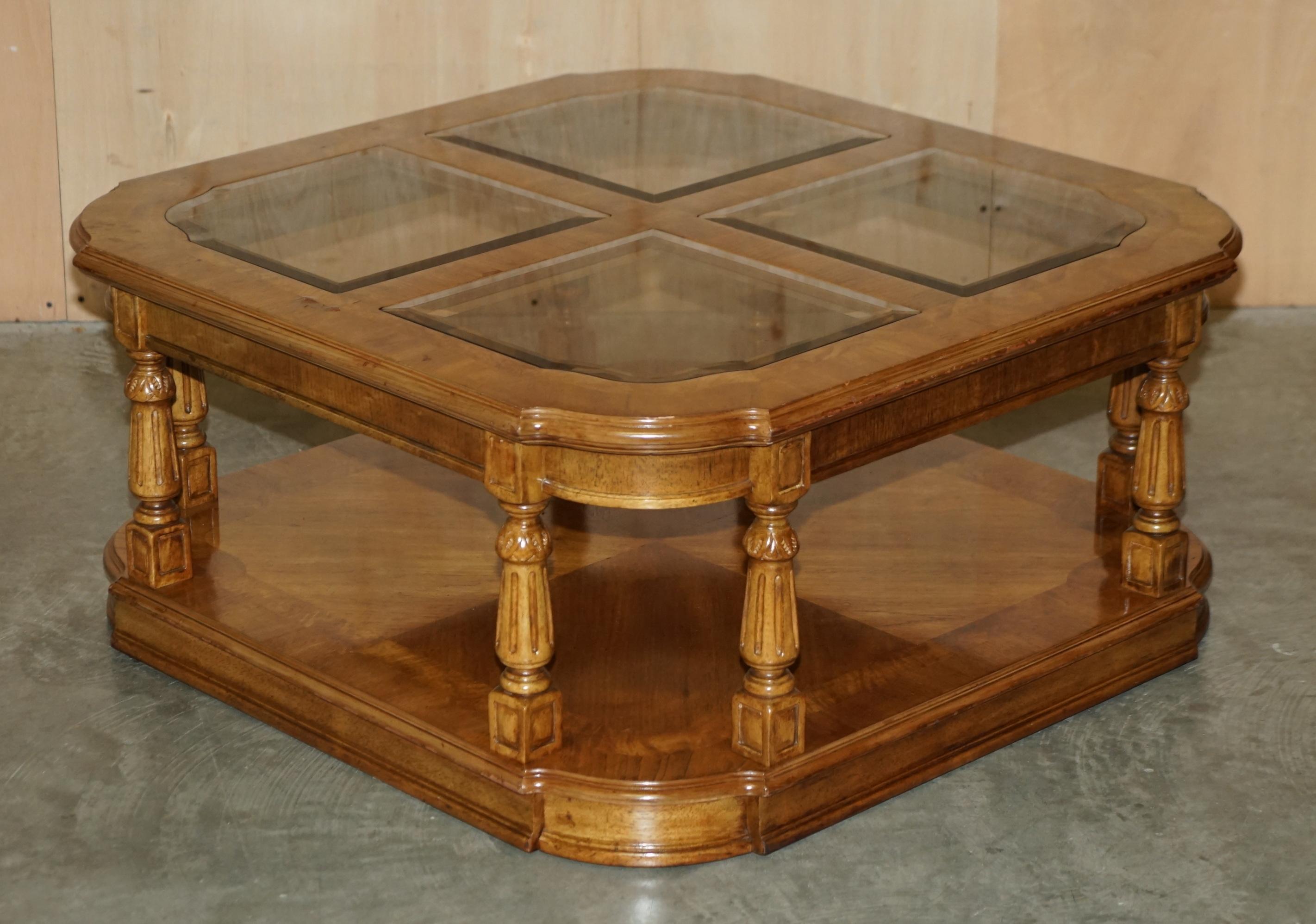 We are delighted to offer for sale this stunning glass topped burr walnut coffee or cocktail table which is part of a suite.

A good looking well made and decorative piece, the timber patina is sublime, the tops have heavy bevelled glass inserts