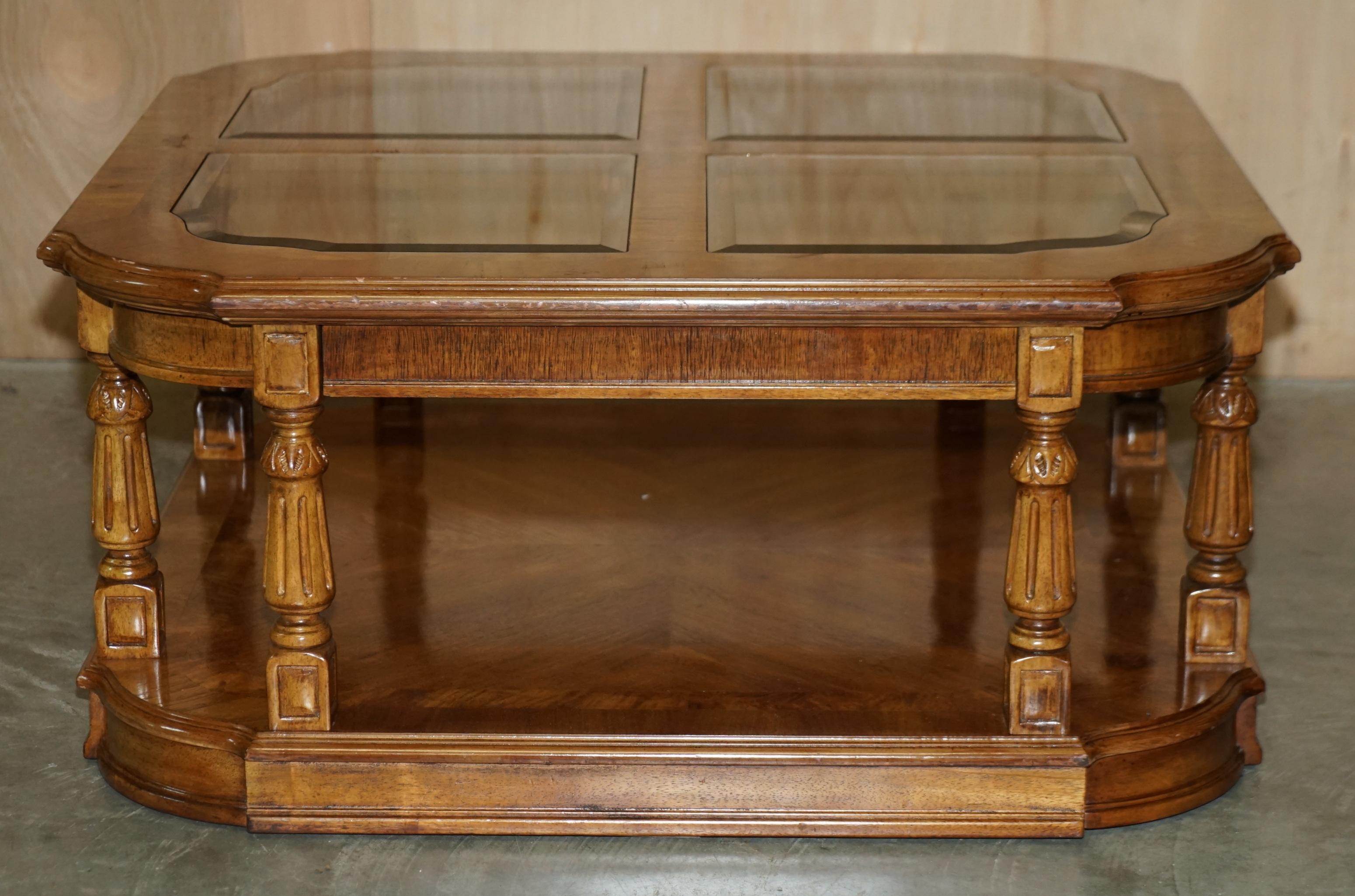 English Sublime Burr Walnut with Glass Tops Large Coffee Cocktail Table Part of Suite
