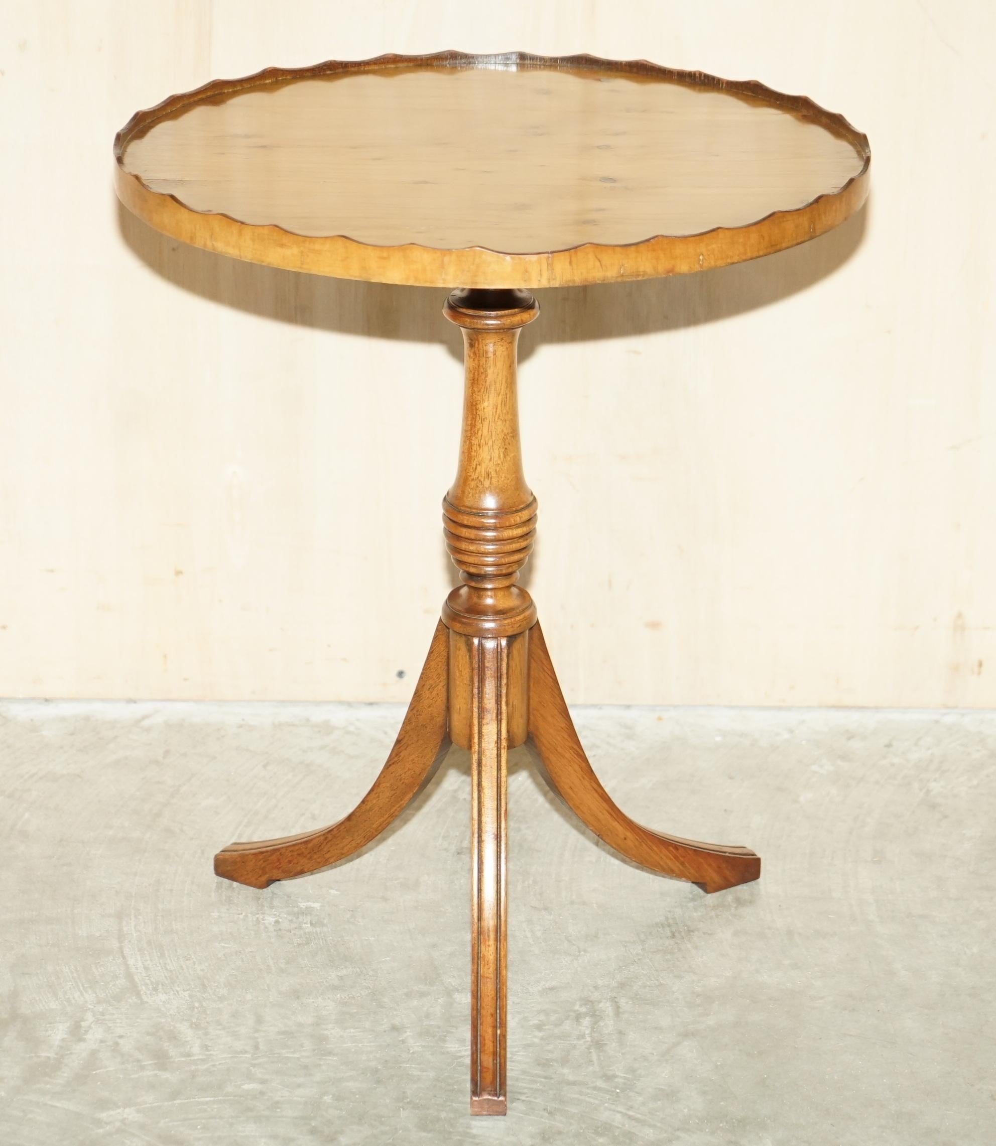 We are delighted to offer for sale this lovely hand made in England vintage Burr Yew wood tripod side table

A very good looking well made and decorative side table with nice gallery rail 

This piece is in sublime condition, the timber patina