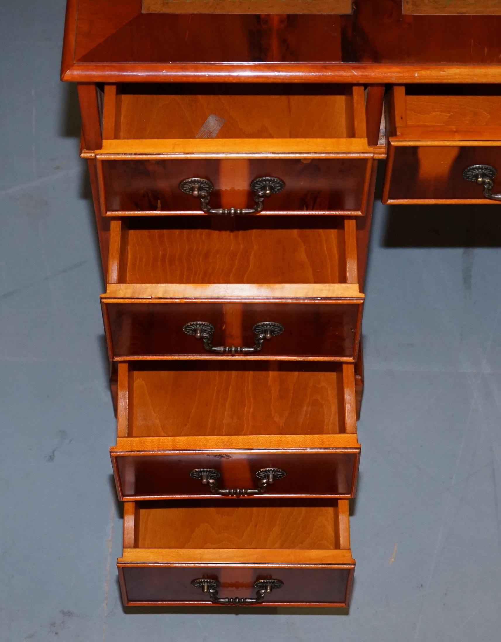 Sublime Burr Yew Wood Twin Pedestal Partner Desk Split Panelled Leather Top 11