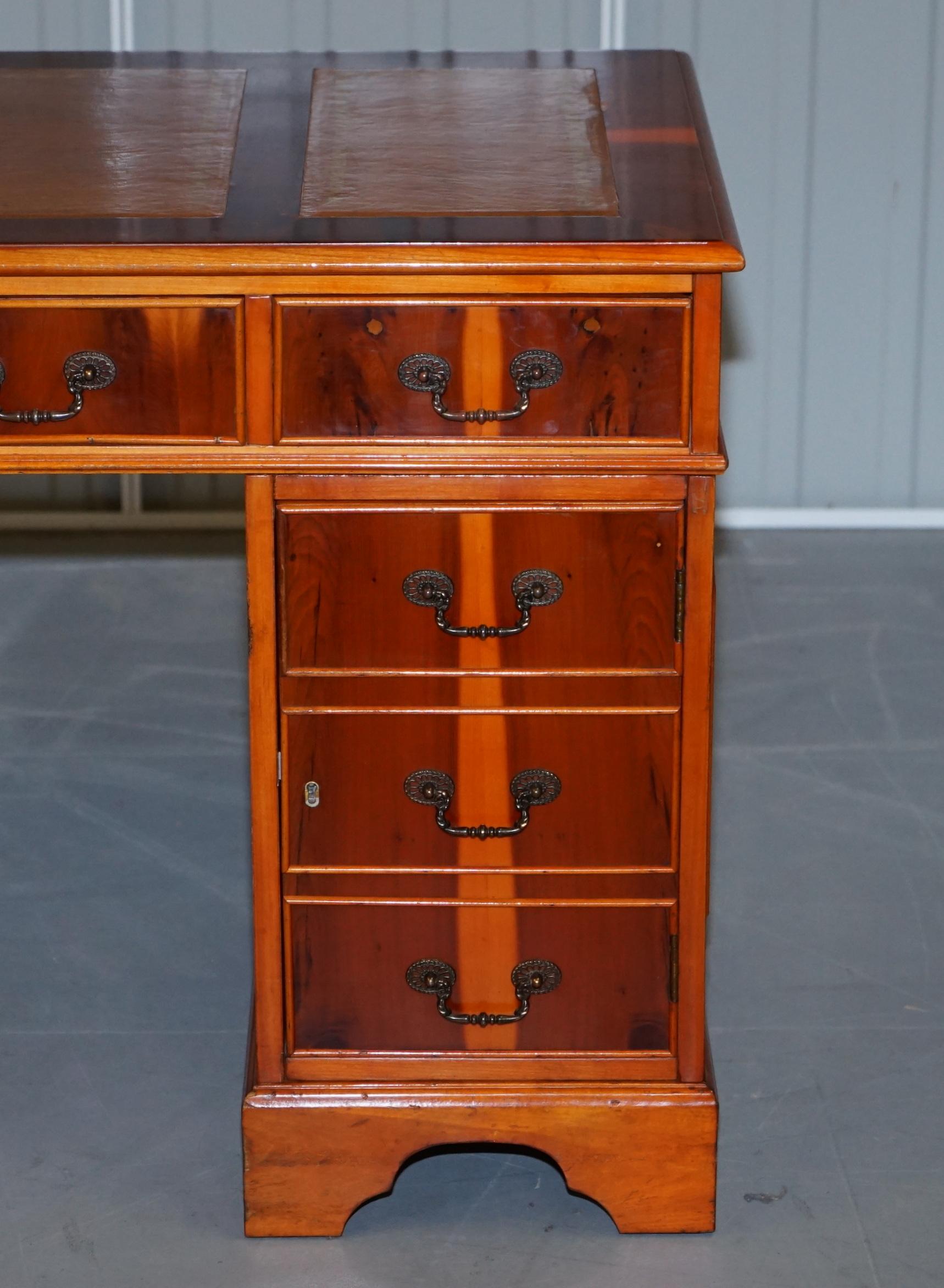 English Sublime Burr Yew Wood Twin Pedestal Partner Desk Split Panelled Leather Top