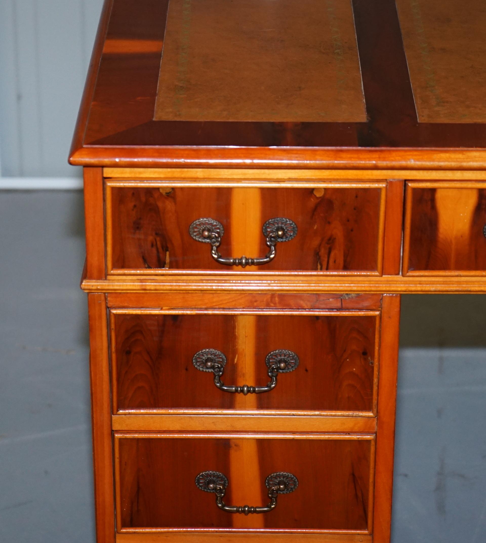 20th Century Sublime Burr Yew Wood Twin Pedestal Partner Desk Split Panelled Leather Top