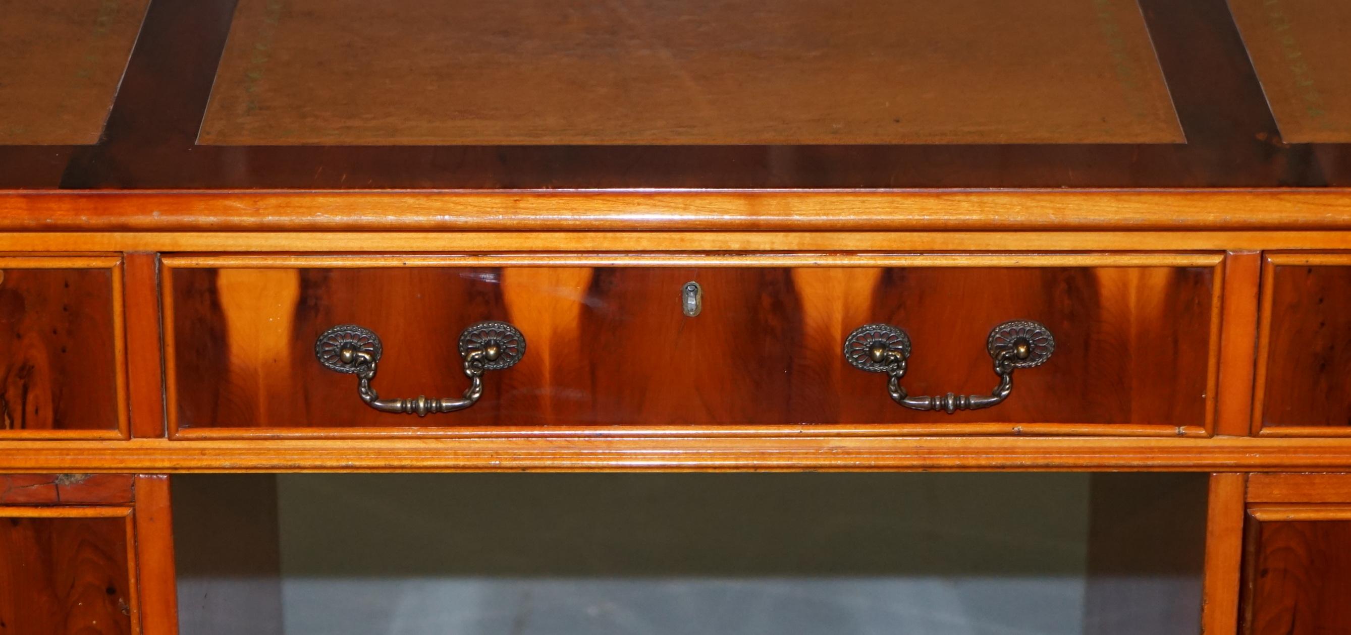 Sublime Burr Yew Wood Twin Pedestal Partner Desk Split Panelled Leather Top 1