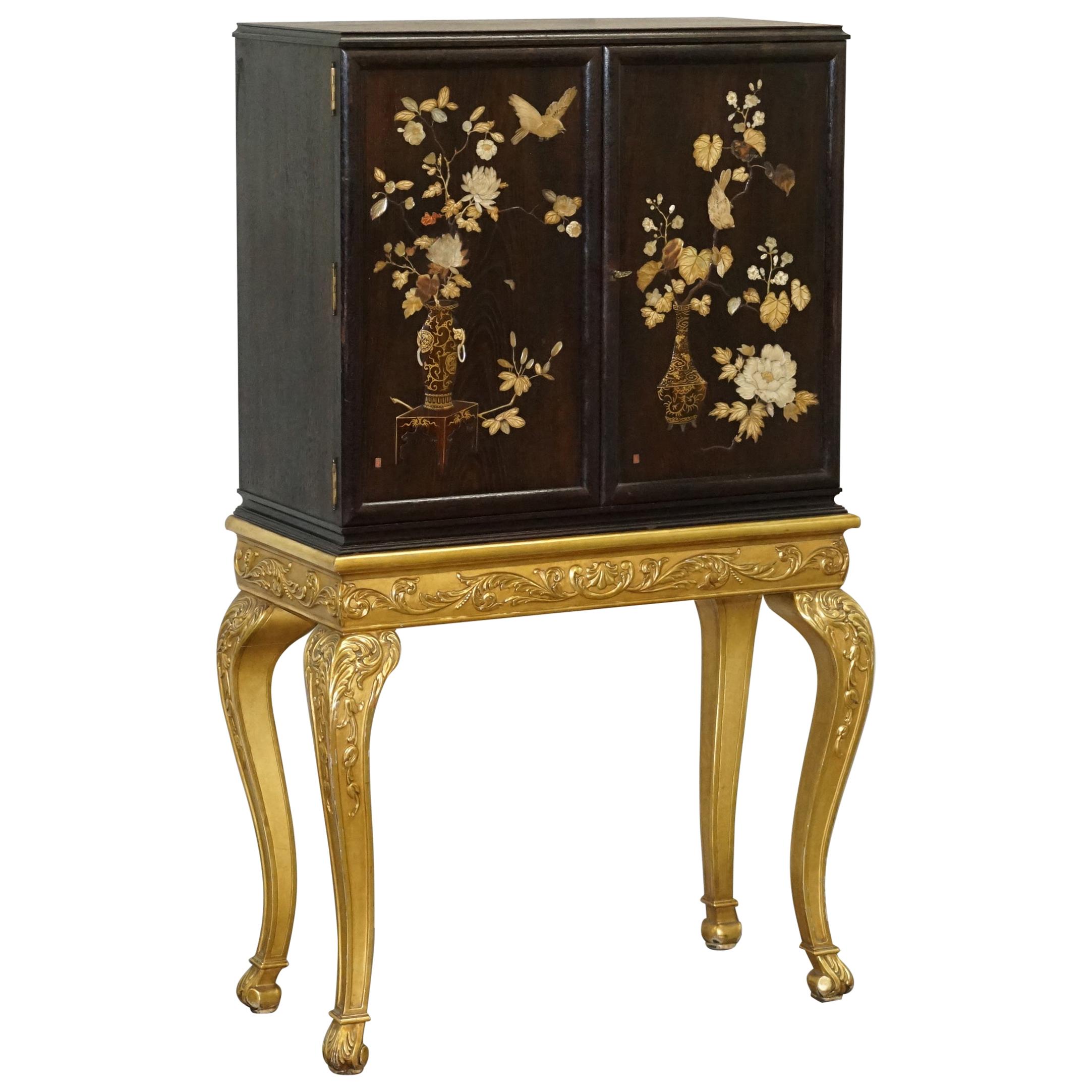 Sublime Chinese Chinoiserie Signed Drinks Cabinet with Gold Giltwood Carved Base