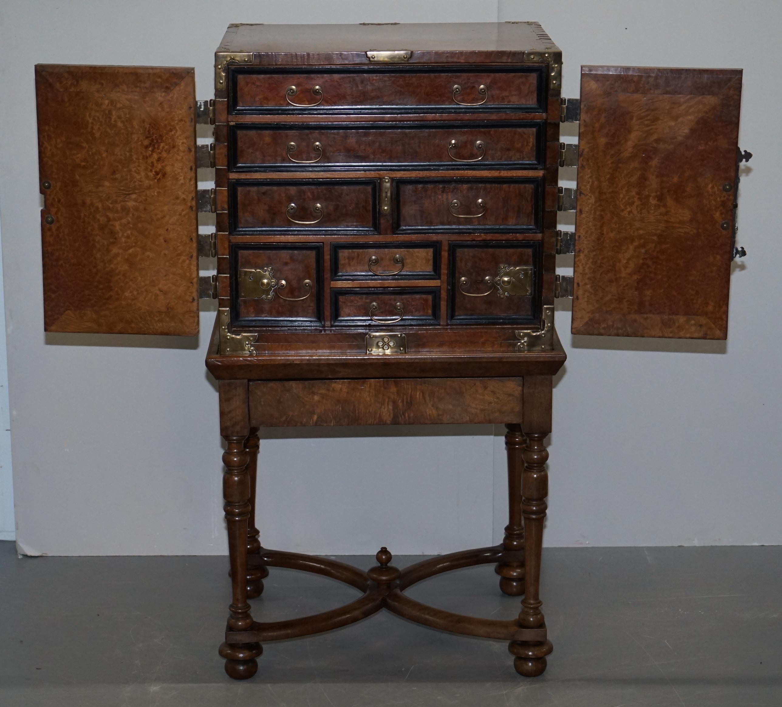 Sublime circa 1740 Portuguese Burr Walnut Campaign Cabinet on Stand Bank Drawers 9