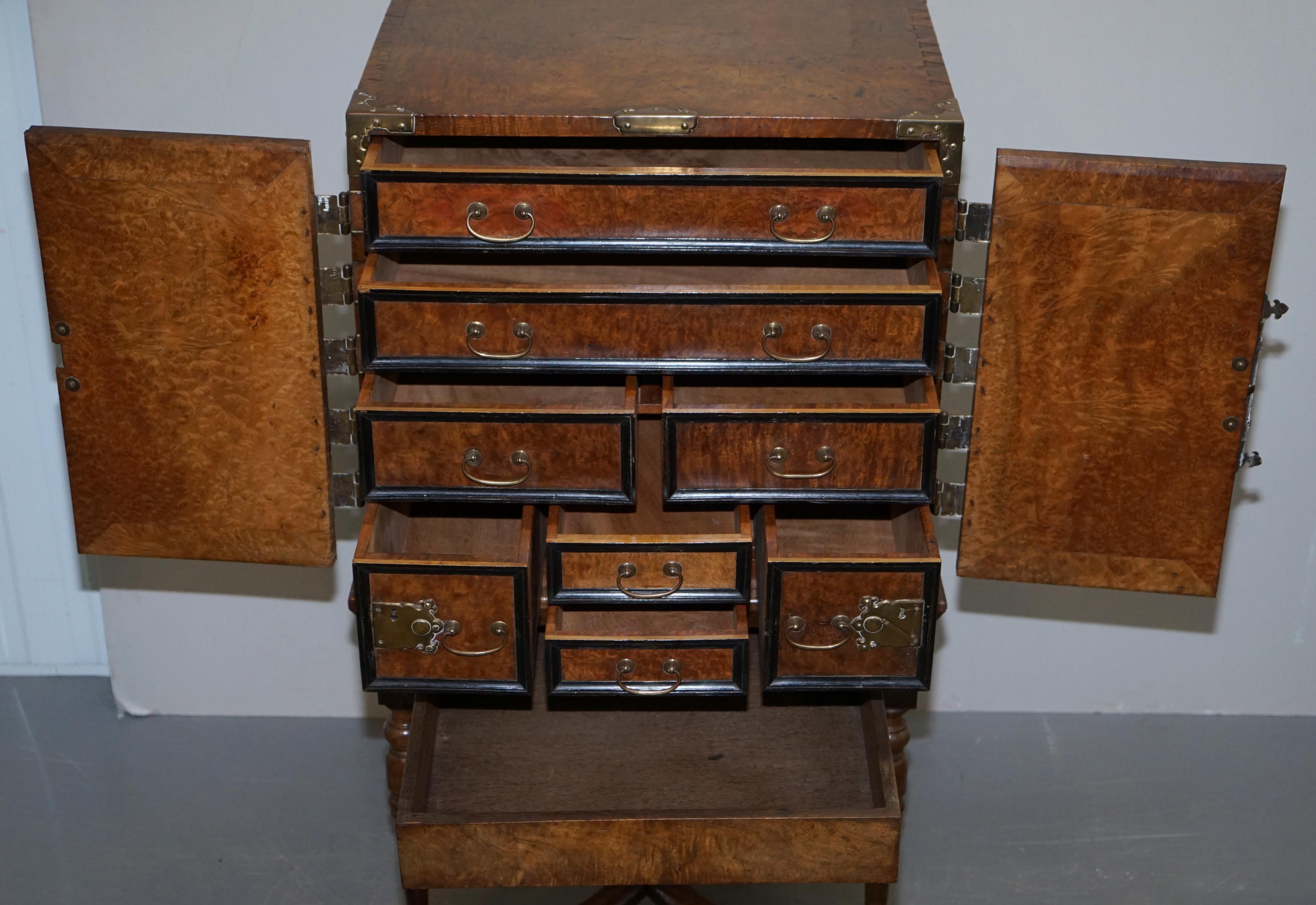 Sublime circa 1740 Portuguese Burr Walnut Campaign Cabinet on Stand Bank Drawers 12
