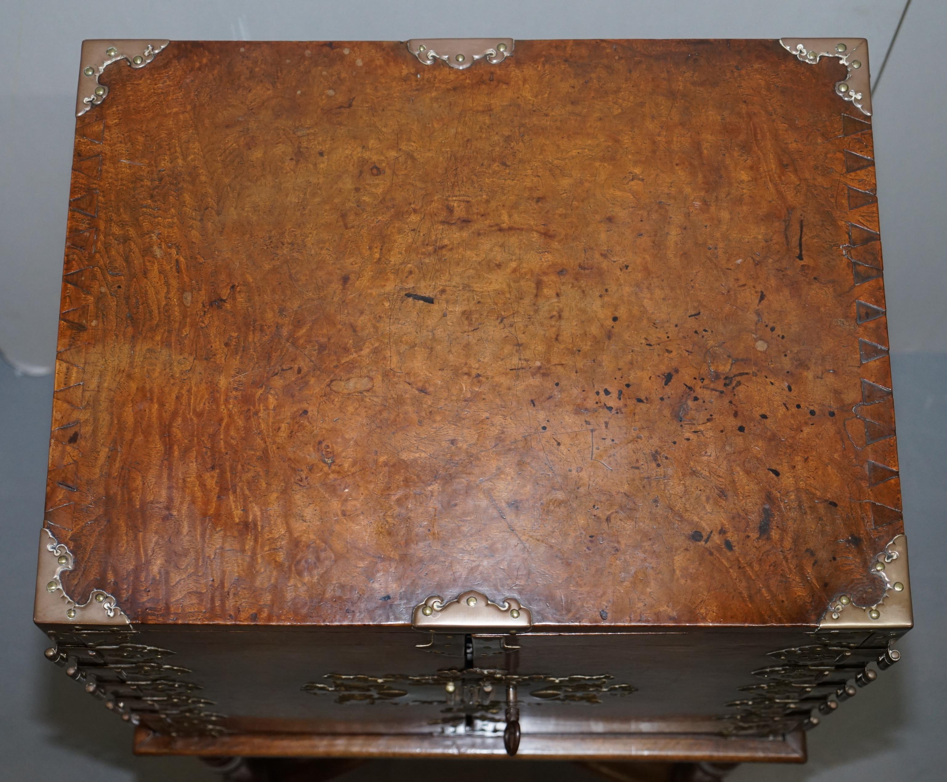 George II Sublime circa 1740 Portuguese Burr Walnut Campaign Cabinet on Stand Bank Drawers