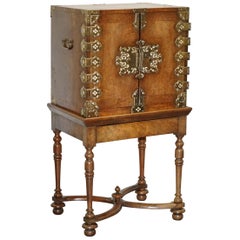 Antique Sublime circa 1740 Portuguese Burr Walnut Campaign Cabinet on Stand Bank Drawers