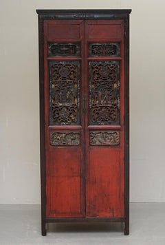 Sublime circa 1860 Chinese Hand Carved and Lacquered Cabinet Old Paneled Doors