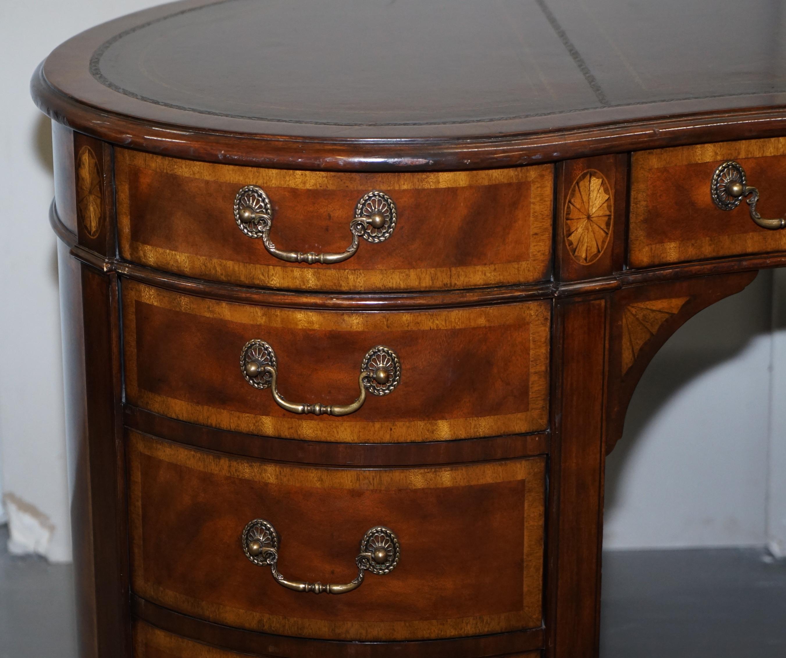 English Sublime Crotch Hardwood & Walnut with Brown Leather Gold Leaf Top Kidney Desk