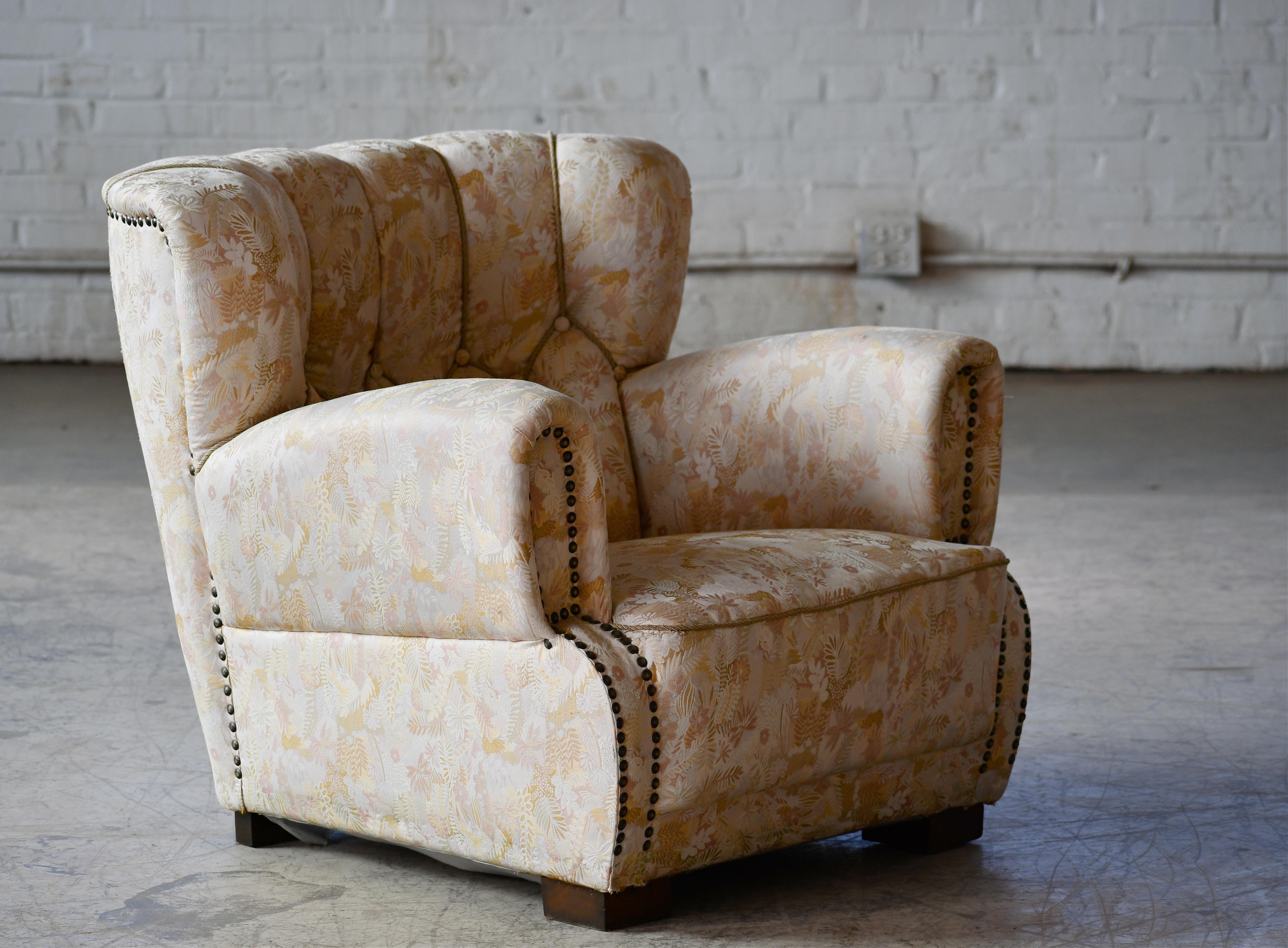 Wool Sublime Danish 1940's Large Scale Low Club Chair in Style of Fritz Hansen  For Sale