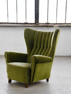 Sublime chaise longue danoise à dossier haut du milieu du siècle en mohair vert, années 1940