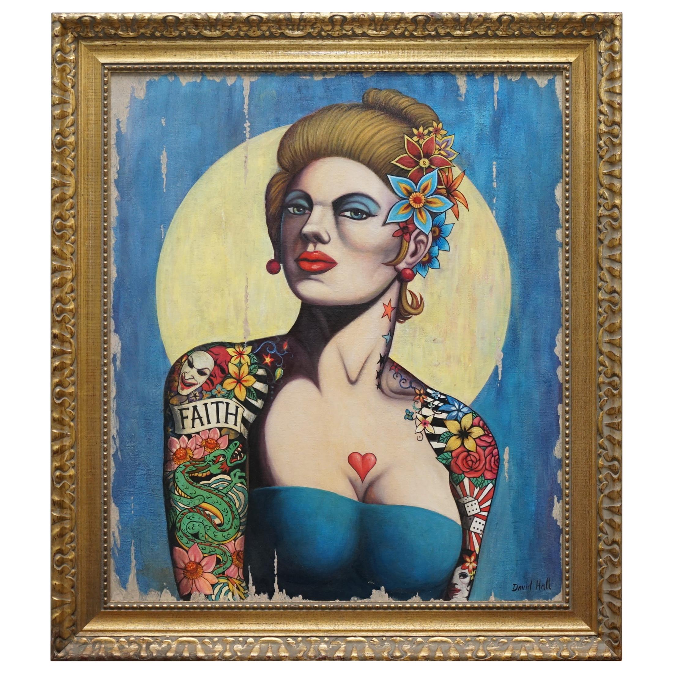 We are delighted to offer for sale this very cool oil on board painting by David Hall of a very Androgynous looking heavily tattooed sexy lady

This piece, judging by the gallery label to the back has some age to it which means it would have been