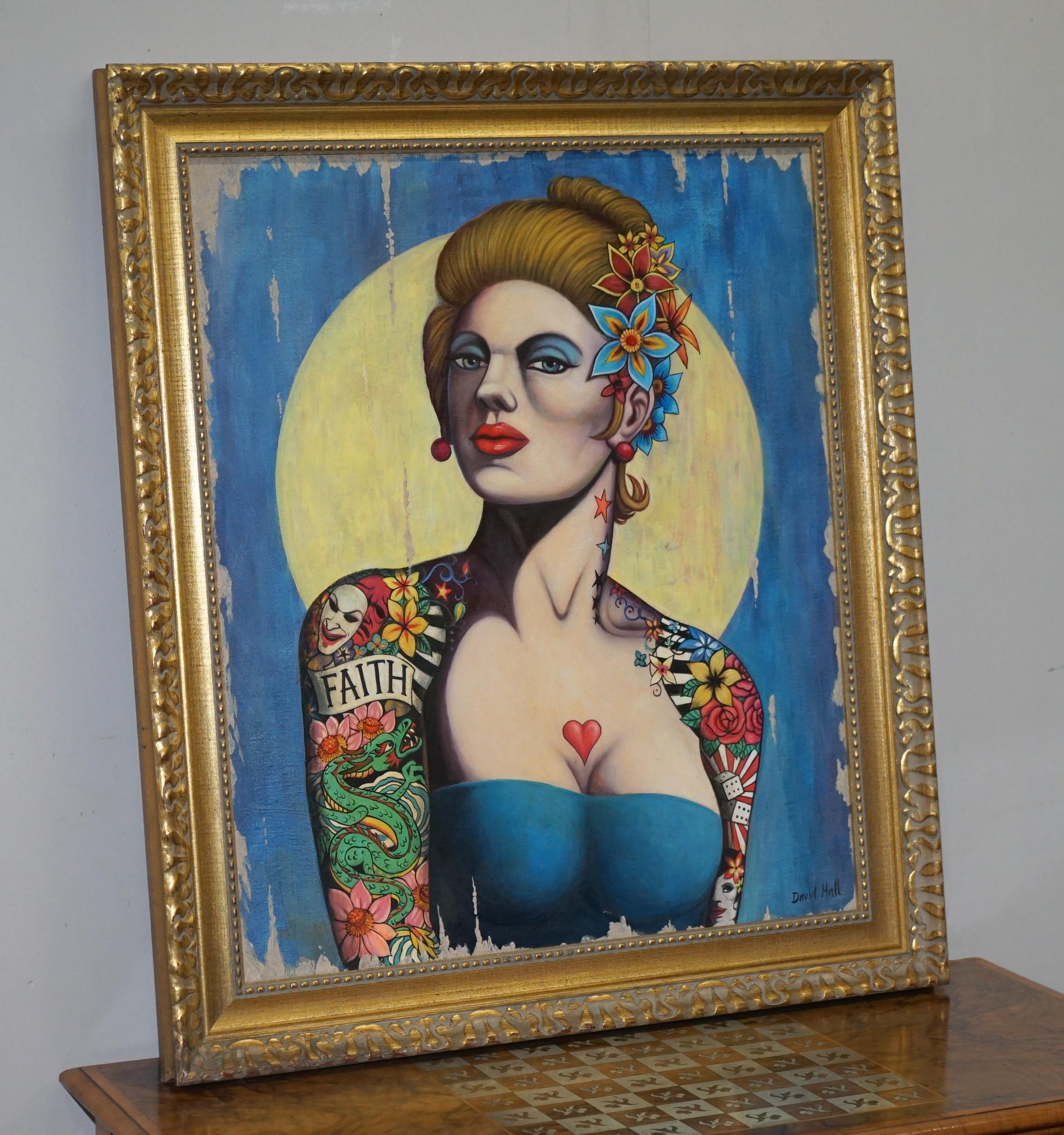 Other Sublime David Hall Oil on Boarding Painting of a Very Cool Heavily Tattooed Chic