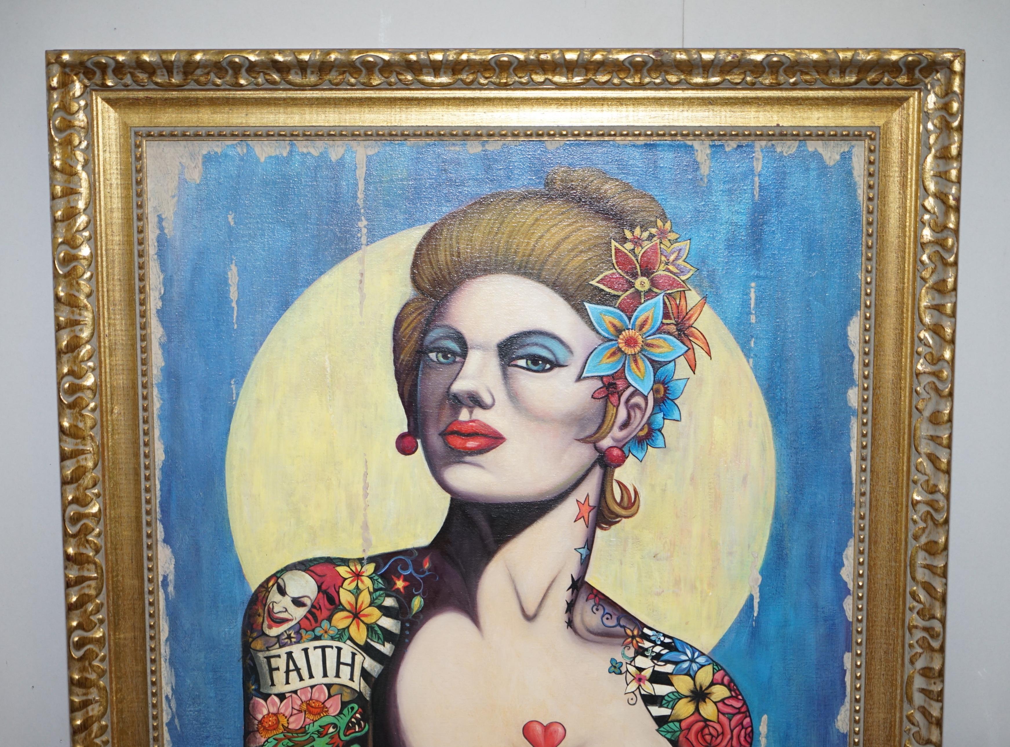 English Sublime David Hall Oil on Boarding Painting of a Very Cool Heavily Tattooed Chic