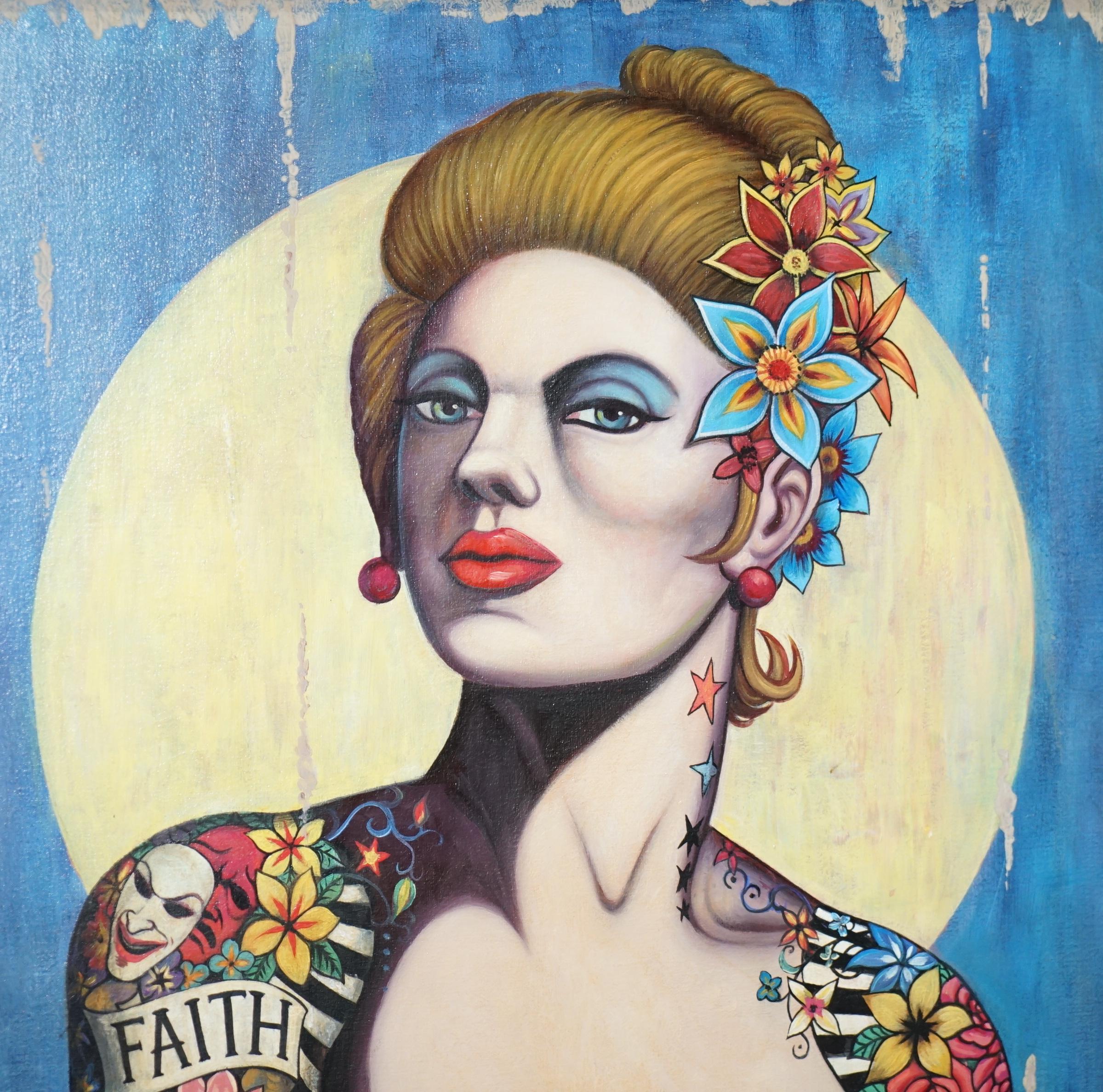 Hand-Crafted Sublime David Hall Oil on Boarding Painting of a Very Cool Heavily Tattooed Chic