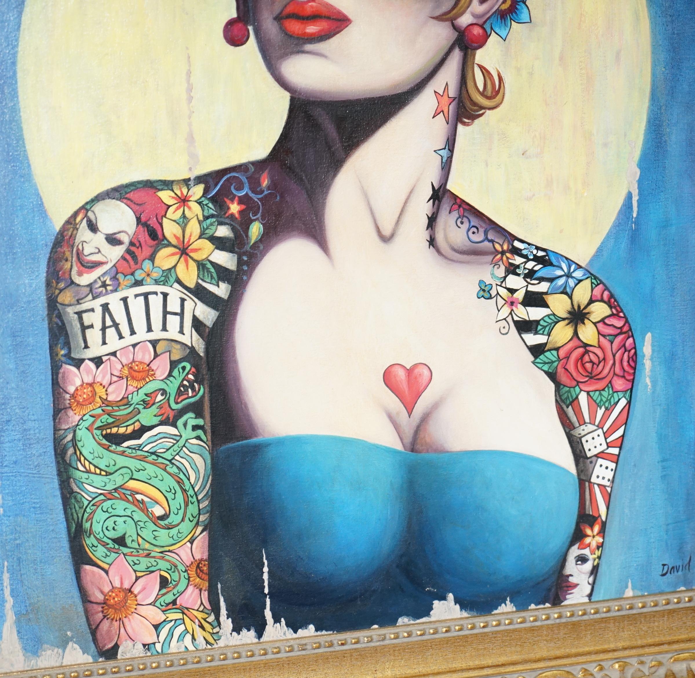 20th Century Sublime David Hall Oil on Boarding Painting of a Very Cool Heavily Tattooed Chic