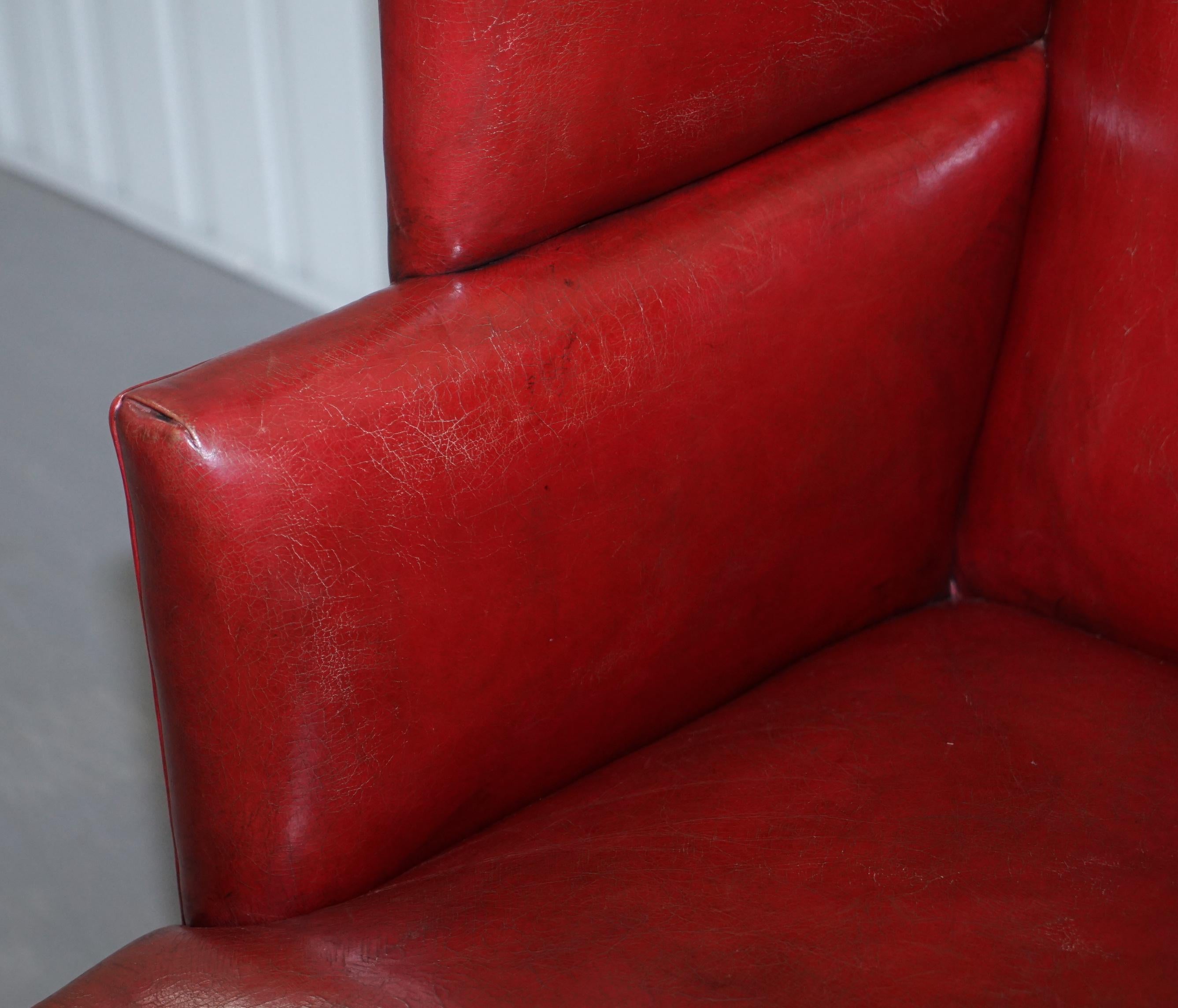 English Sublime Early Georgian circa 1780 Porters Wingback Armchair Postbox Red Leather For Sale
