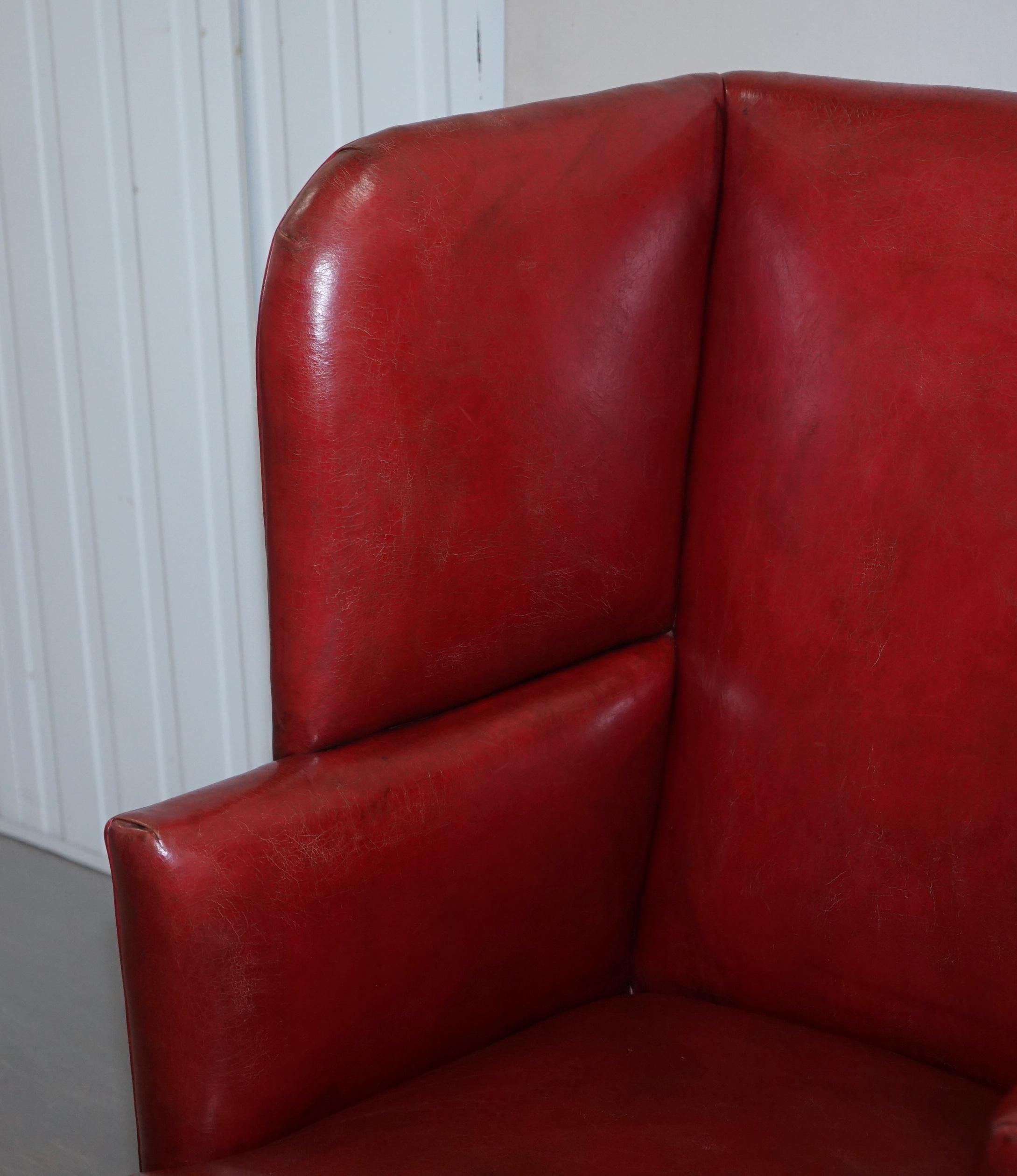 Hand-Crafted Sublime Early Georgian circa 1780 Porters Wingback Armchair Postbox Red Leather For Sale
