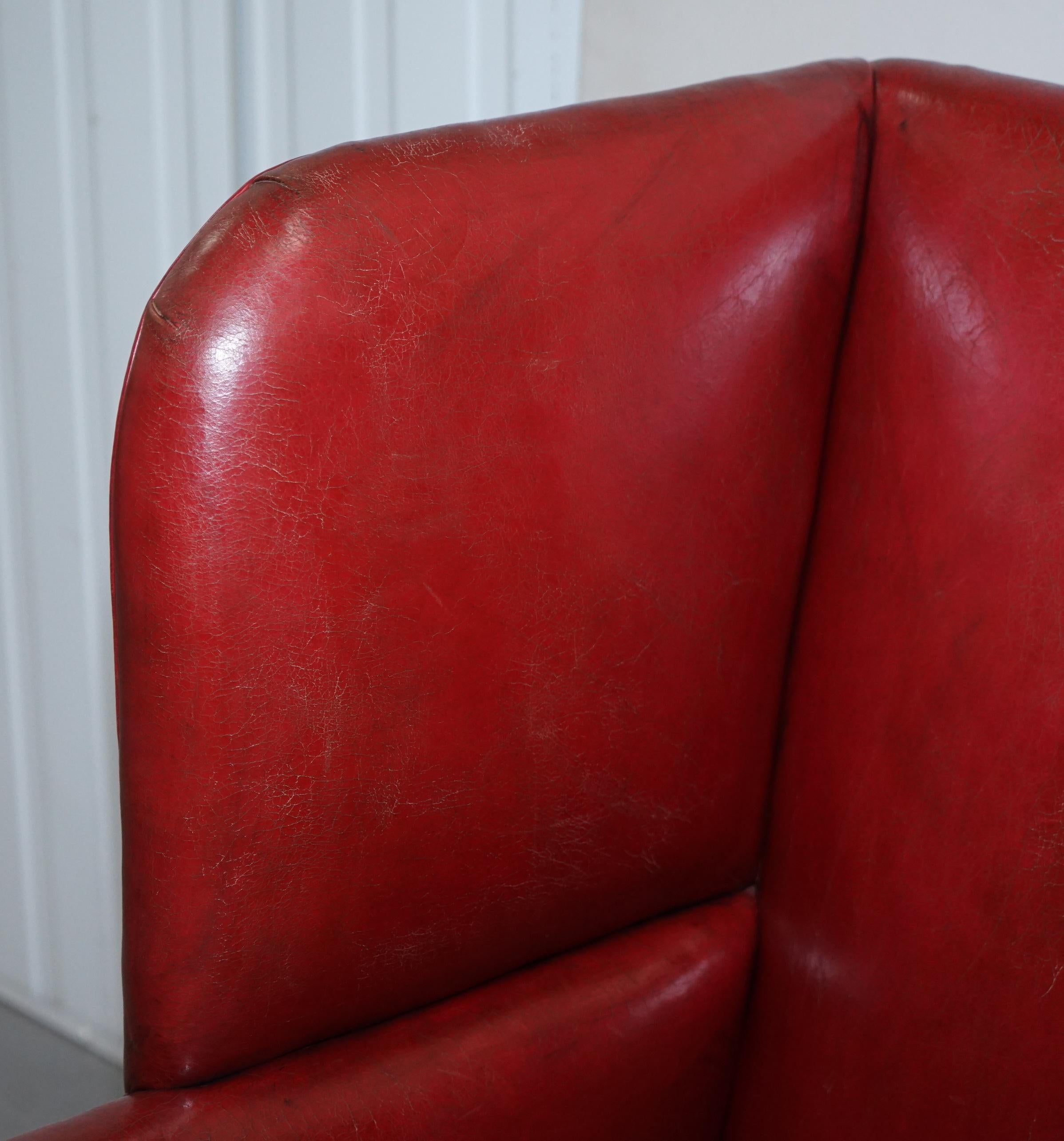 Late 18th Century Sublime Early Georgian circa 1780 Porters Wingback Armchair Postbox Red Leather For Sale