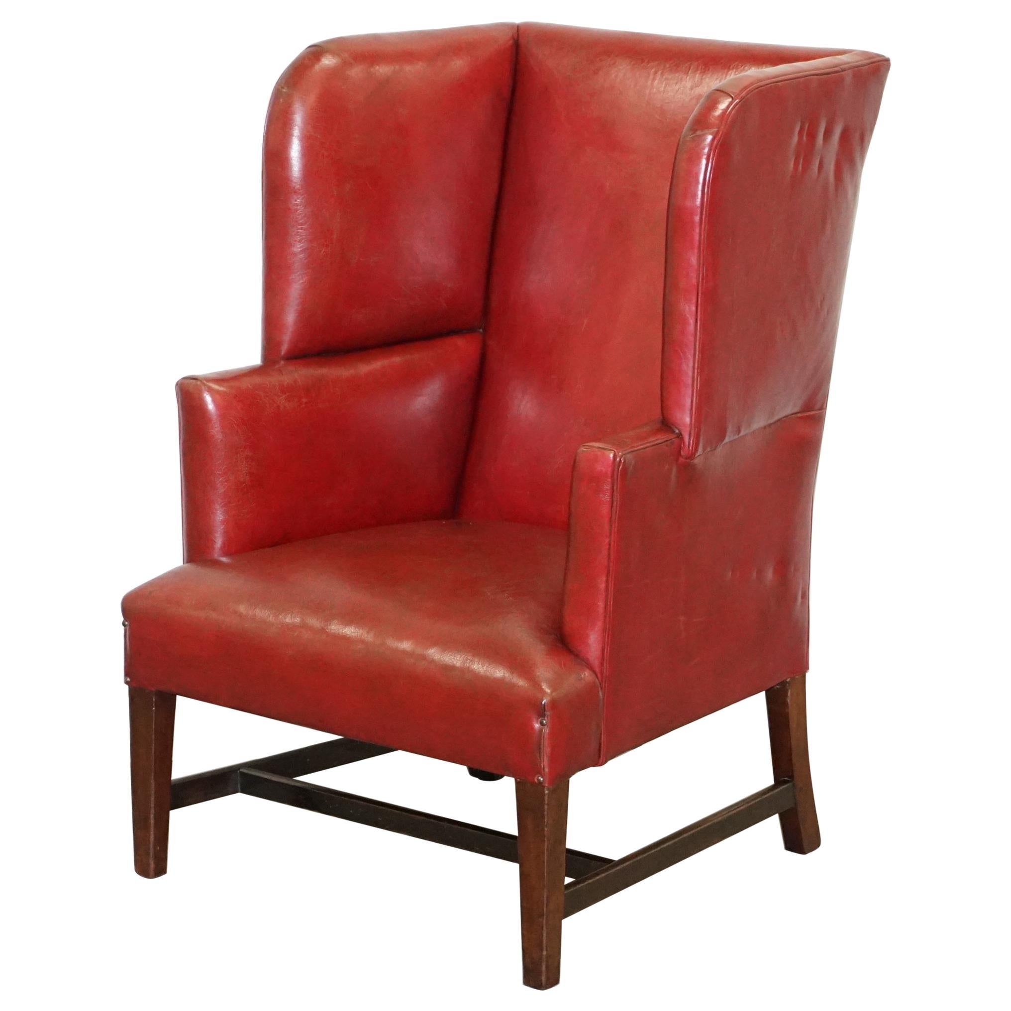Sublime Early Georgian circa 1780 Porters Wingback Armchair Postbox Red Leather For Sale